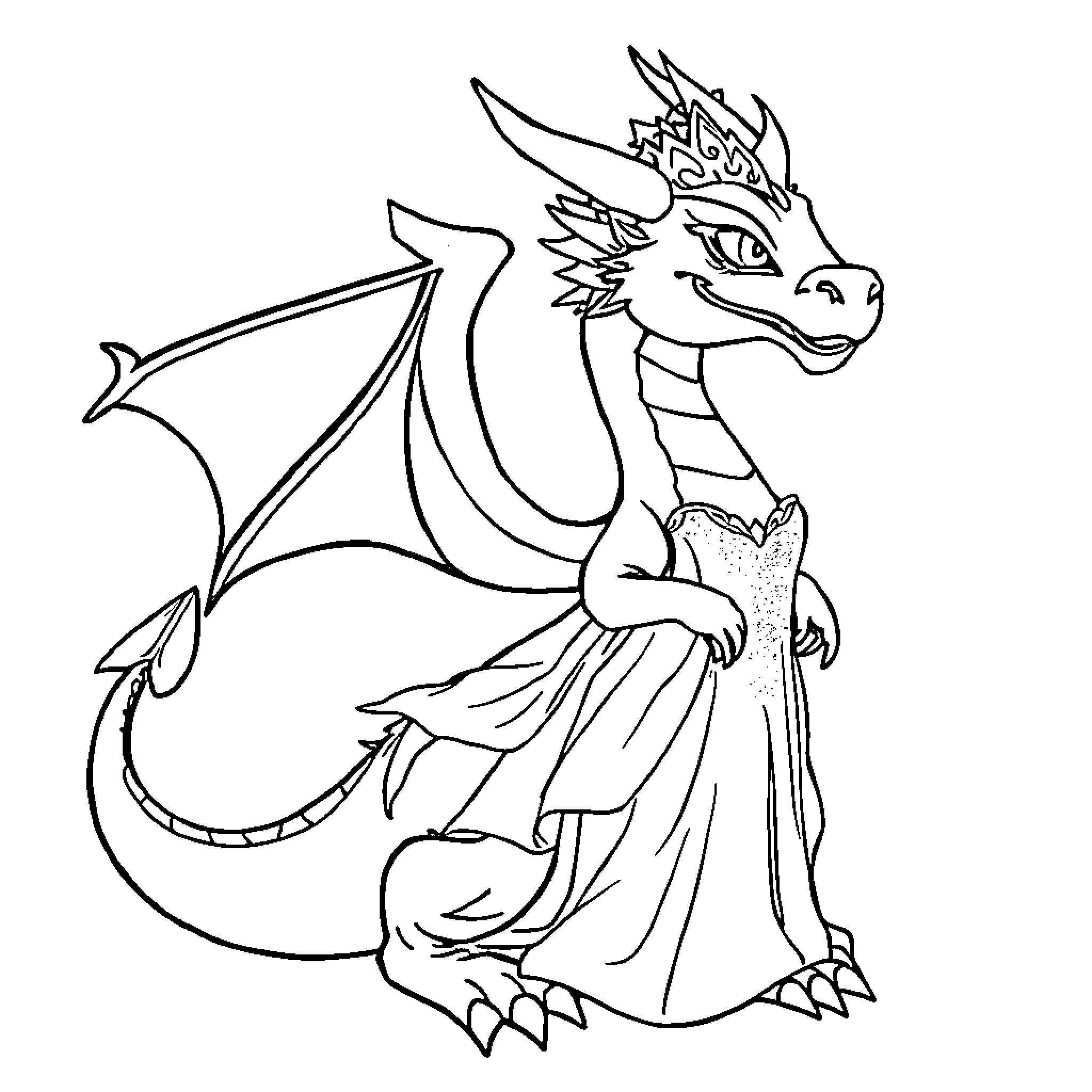 Dragon princess in flowing dress Coloring Page (free black-and-white line drawing printable PDF for all, from beginners to advanced learners, including children, teens, adults, and seniors)