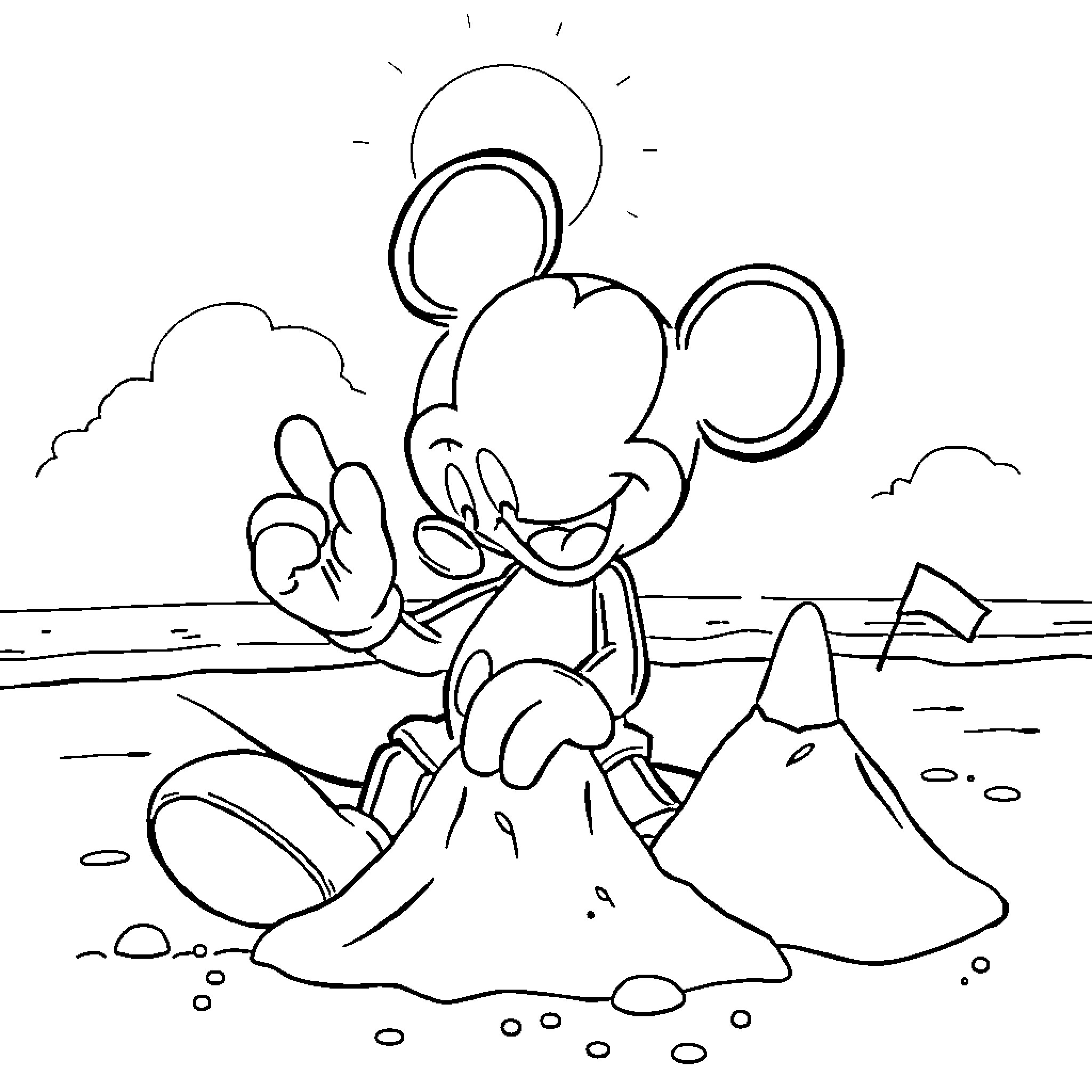 Mickey Mouse playing in the sand at the beach Coloring Page (free black-and-white line drawing printable PDF for all, from beginners to advanced learners, including children, teens, adults, and seniors)