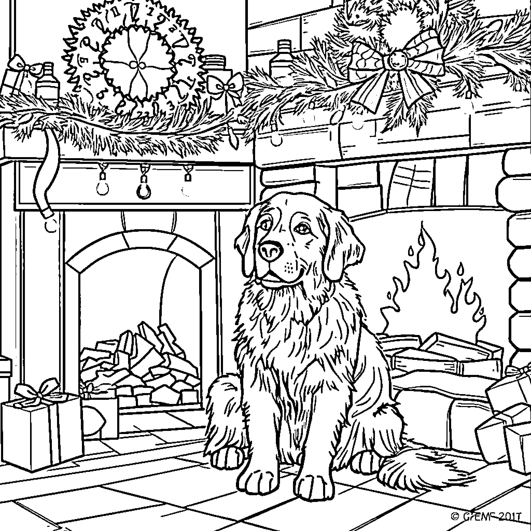 Golden Retriever enjoying the cozy fireplace Coloring Page (free black-and-white line drawing printable PDF for all, from beginners to advanced learners, including children, teens, adults, and seniors)
