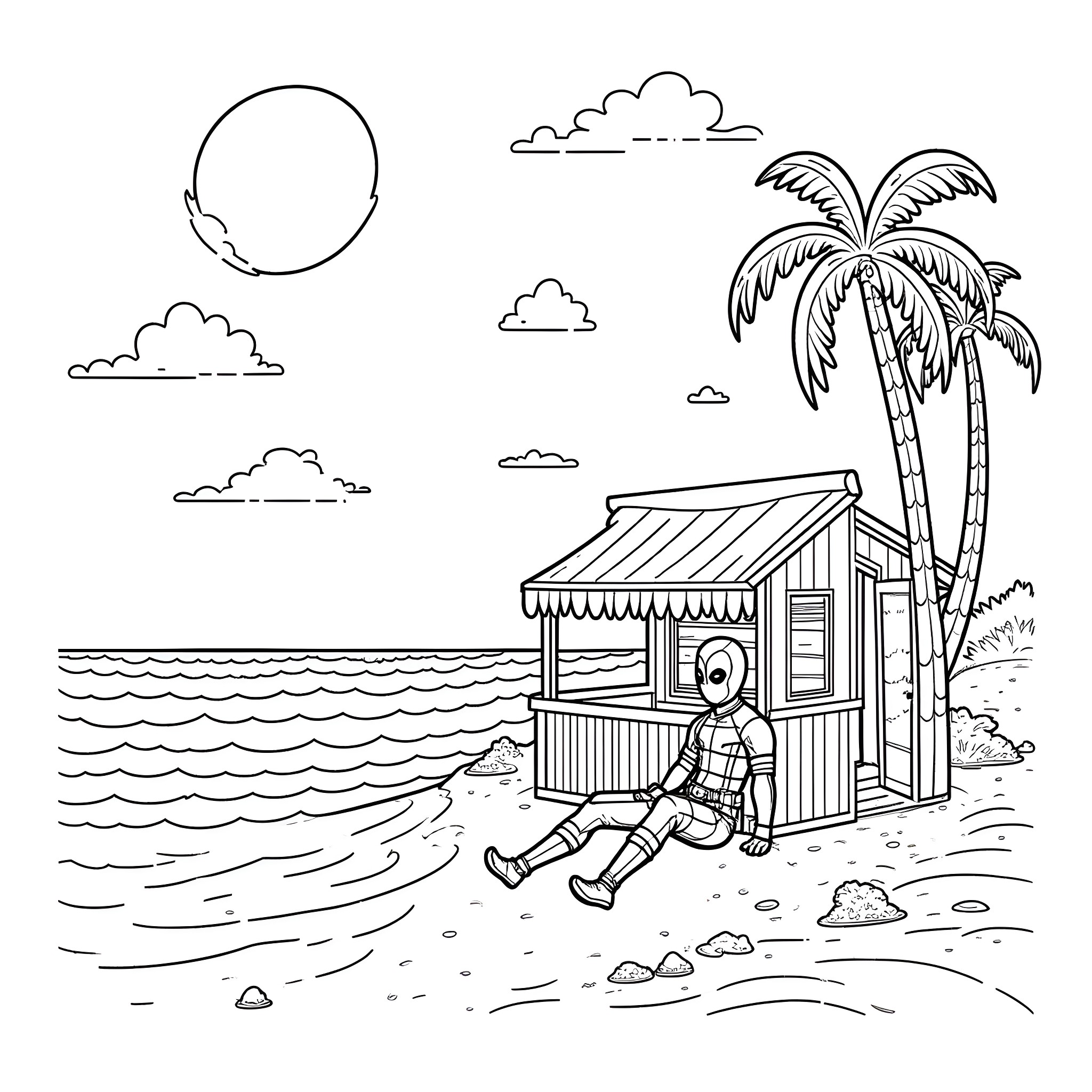Deadpool relaxing in a beach hut Coloring Page (free black-and-white line drawing printable PDF for all, from beginners to advanced learners, including children, teens, adults, and seniors)
