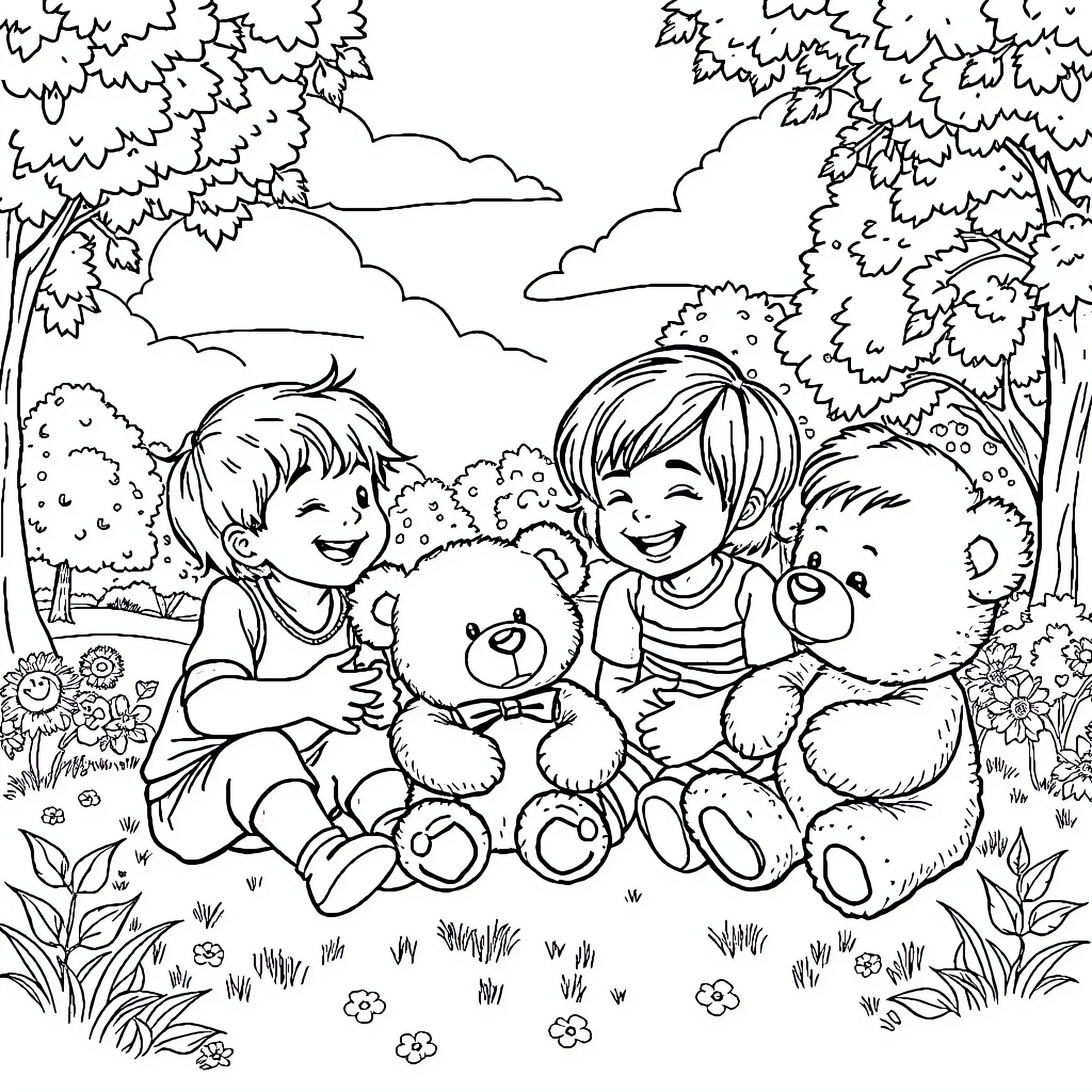 Kid's Outdoor Adventure with Stuffed Friends Coloring Page (free black-and-white line drawing printable PDF for all, from beginners to advanced learners, including children, teens, adults, and seniors)