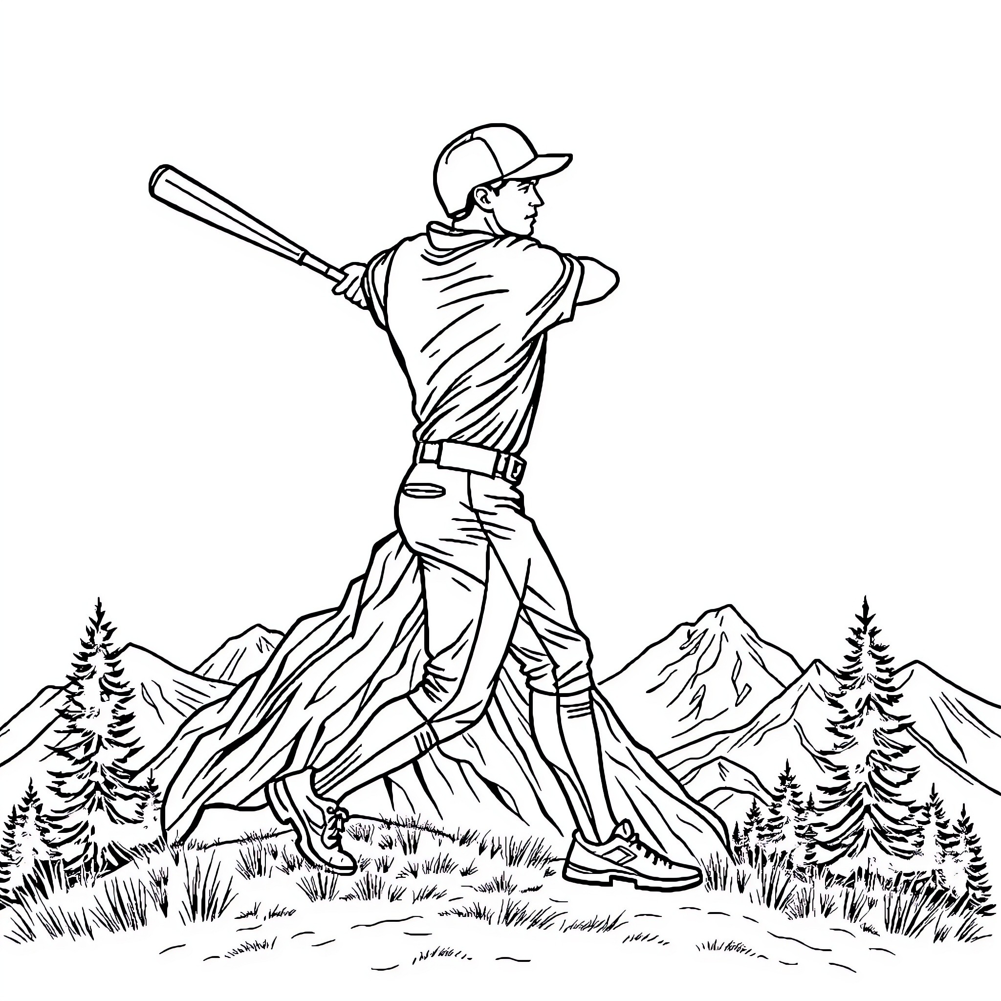 Baseball Player Batting in Mountain Landscape Coloring Page (free black-and-white line drawing printable PDF for all, from beginners to advanced learners, including children, teens, adults, and seniors)
