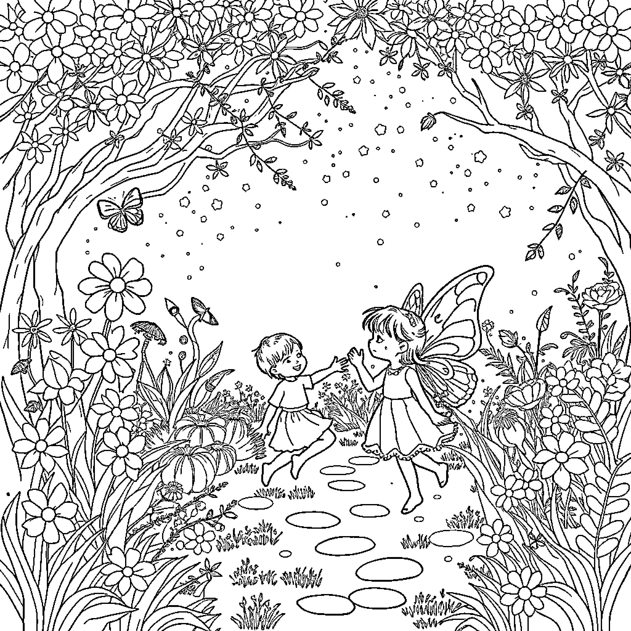 Child Playing with Fairy Friends in Enchanted Forest Coloring Page (free black-and-white line drawing printable PDF for all, from beginners to advanced learners, including children, teens, adults, and seniors)