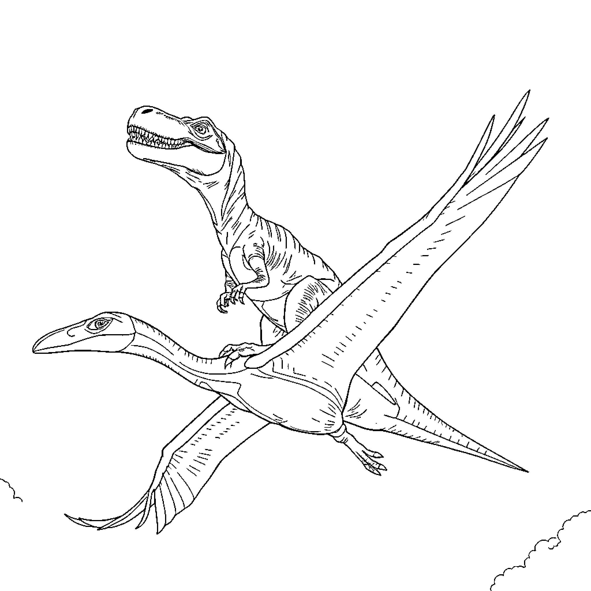 T-Rex Duo Soaring Through the Sky Coloring Page (free black-and-white line drawing printable PDF for all, from beginners to advanced learners, including children, teens, adults, and seniors)