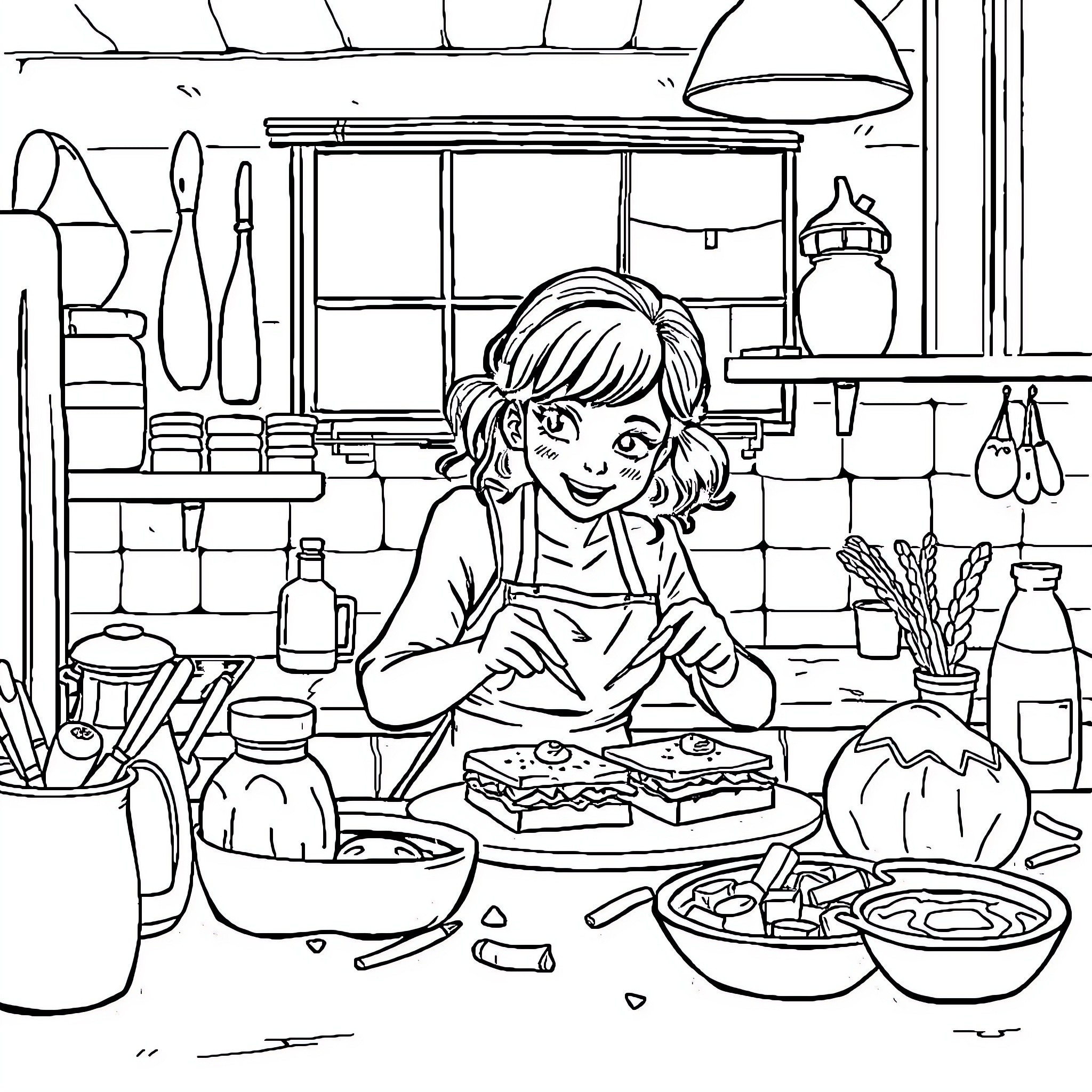 Sandwich being prepared in a cozy kitchen scene Coloring Page (free black-and-white line drawing printable PDF for all, from beginners to advanced learners, including children, teens, adults, and seniors)