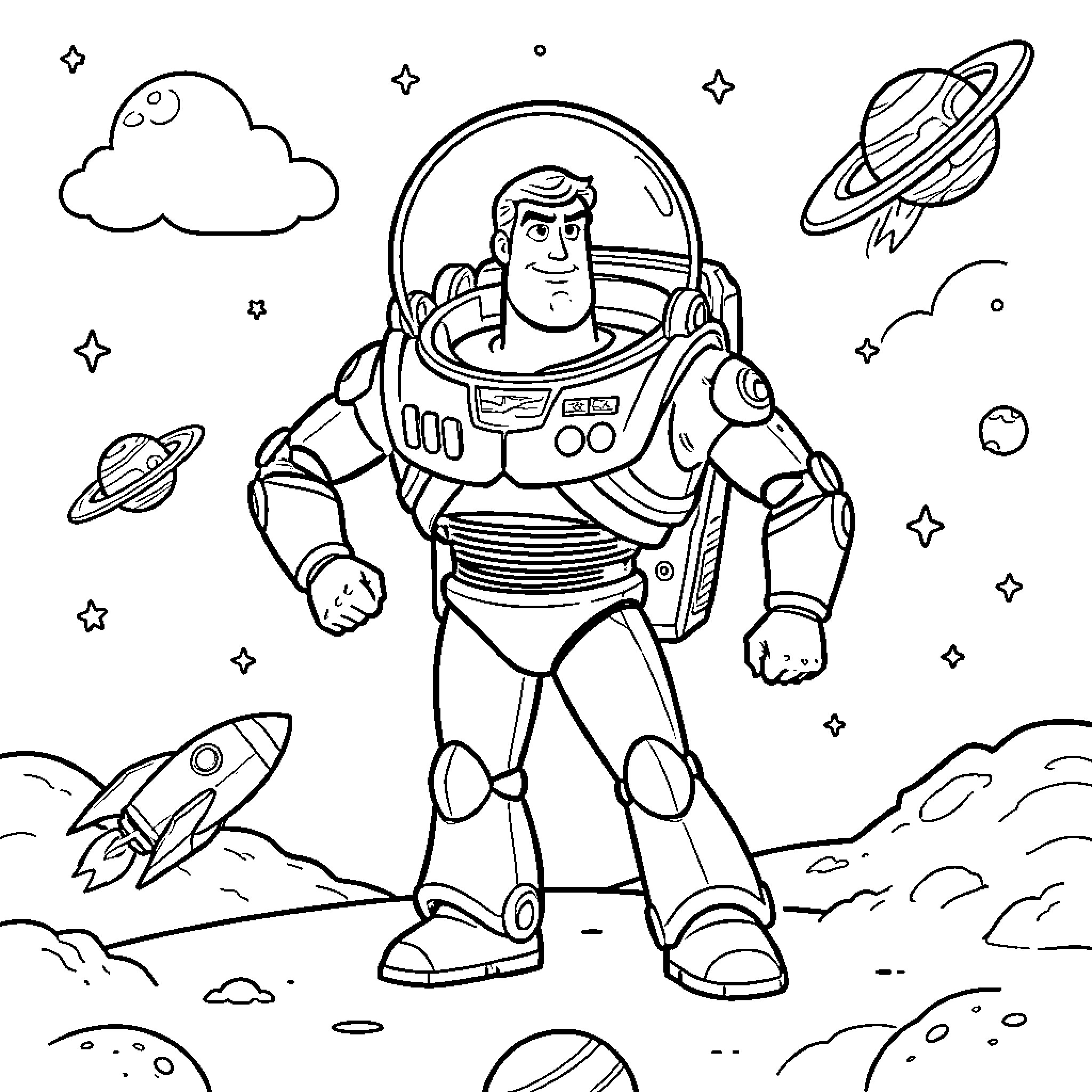 Buzz Lightyear standing heroically in outer space Coloring Page (free black-and-white line drawing printable PDF for all, from beginners to advanced learners, including children, teens, adults, and seniors)