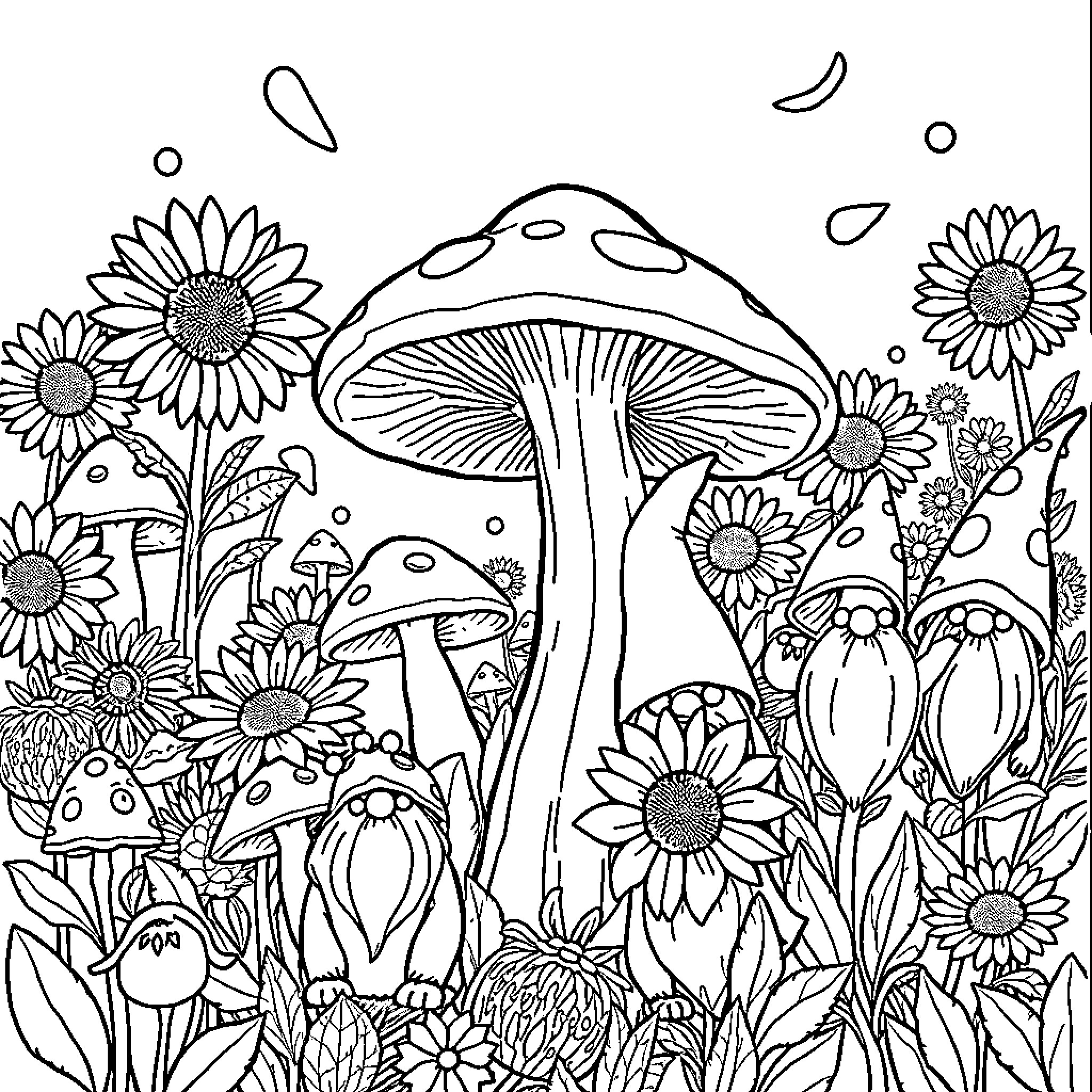 Mushroom Garden with Whimsical Creatures Coloring Page (free black-and-white line drawing printable PDF for all, from beginners to advanced learners, including children, teens, adults, and seniors)