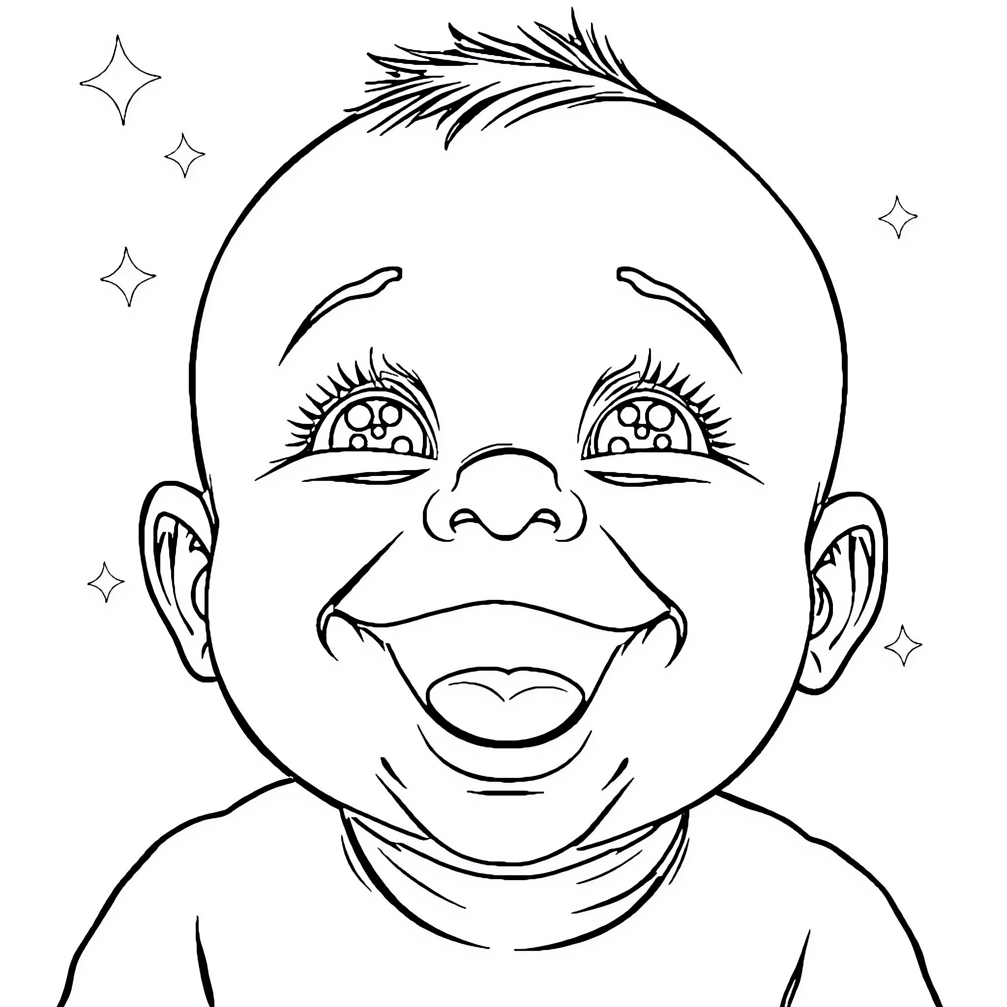 Baby with playful expression and quirky hairstyle Coloring Page (free black-and-white line drawing printable PDF for all, from beginners to advanced learners, including children, teens, adults, and seniors)