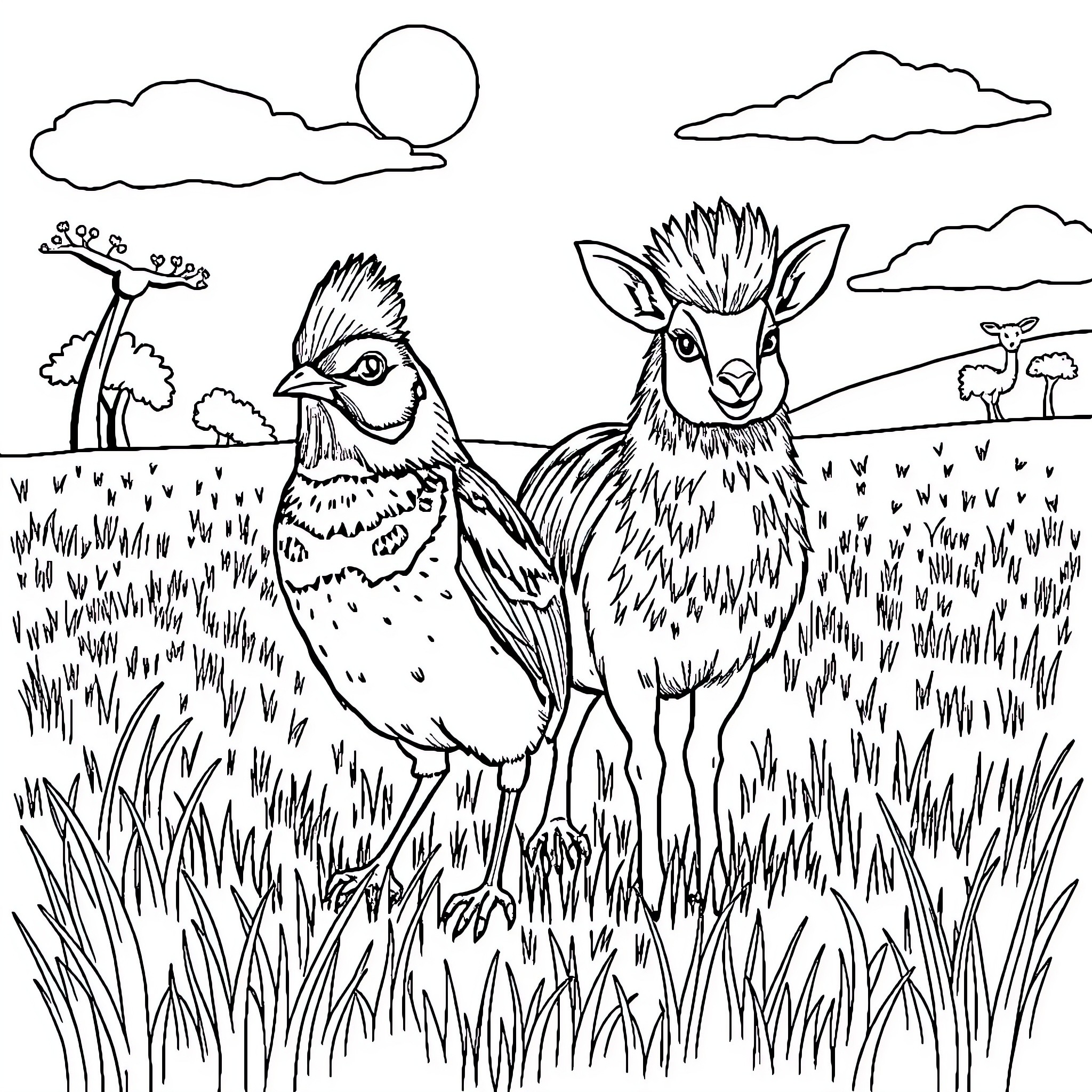 Kancil and friends explore the lush grasslands Coloring Page (free black-and-white line drawing printable PDF for all, from beginners to advanced learners, including children, teens, adults, and seniors)
