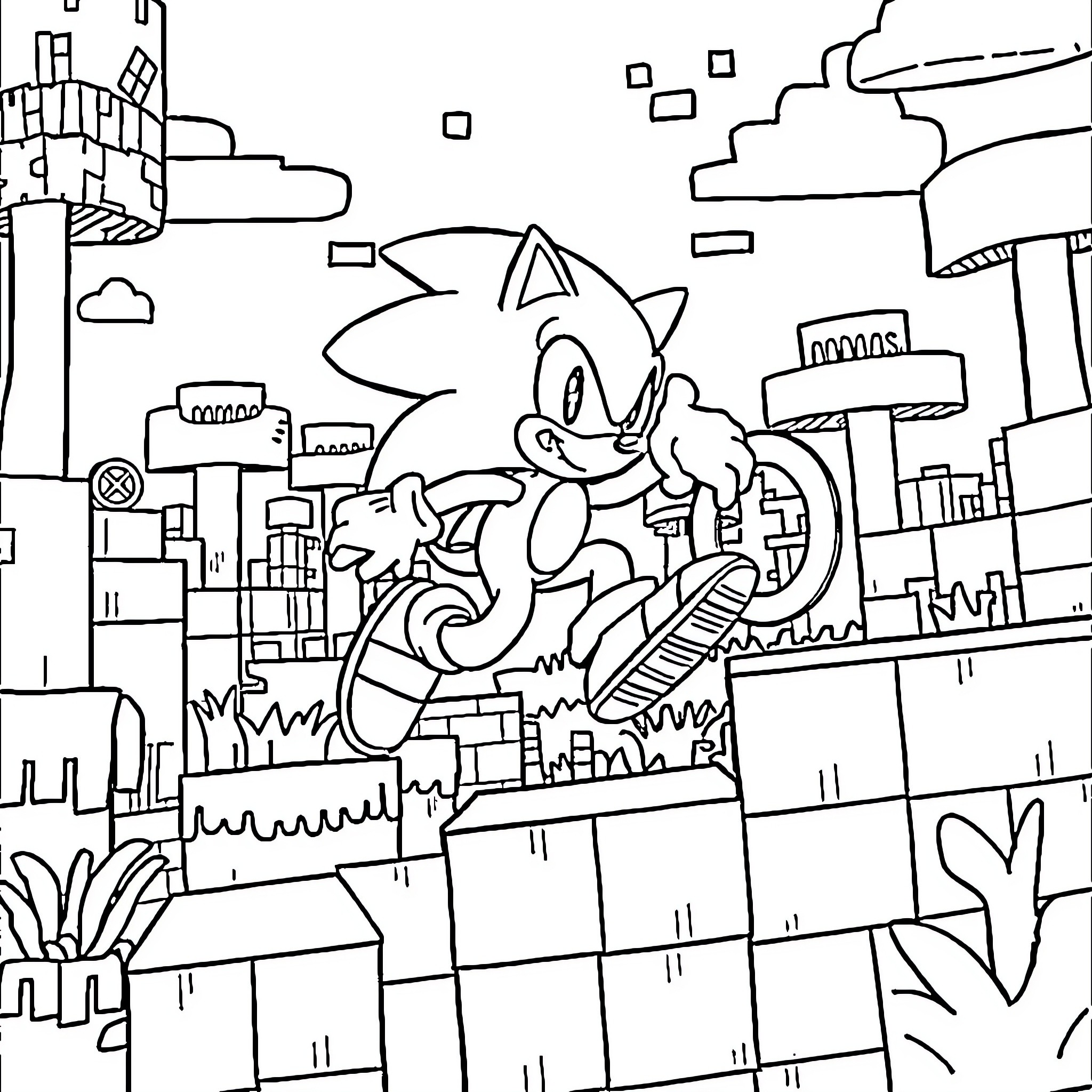 Sonic's Urban Adventure in the City Coloring Page (free black-and-white line drawing printable PDF for all, from beginners to advanced learners, including children, teens, adults, and seniors)