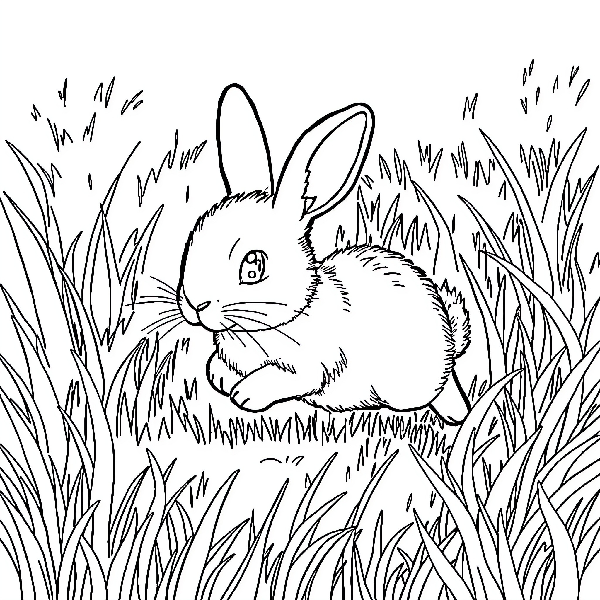 Keclinci rabbit in grassy field Coloring Page (free black-and-white line drawing printable PDF for all, from beginners to advanced learners, including children, teens, adults, and seniors)