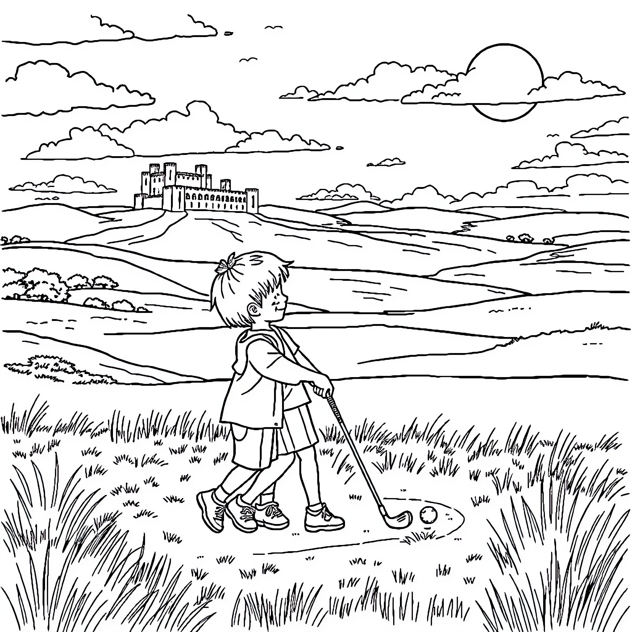 Kid exploring the countryside landscape Coloring Page (free black-and-white line drawing printable PDF for all, from beginners to advanced learners, including children, teens, adults, and seniors)