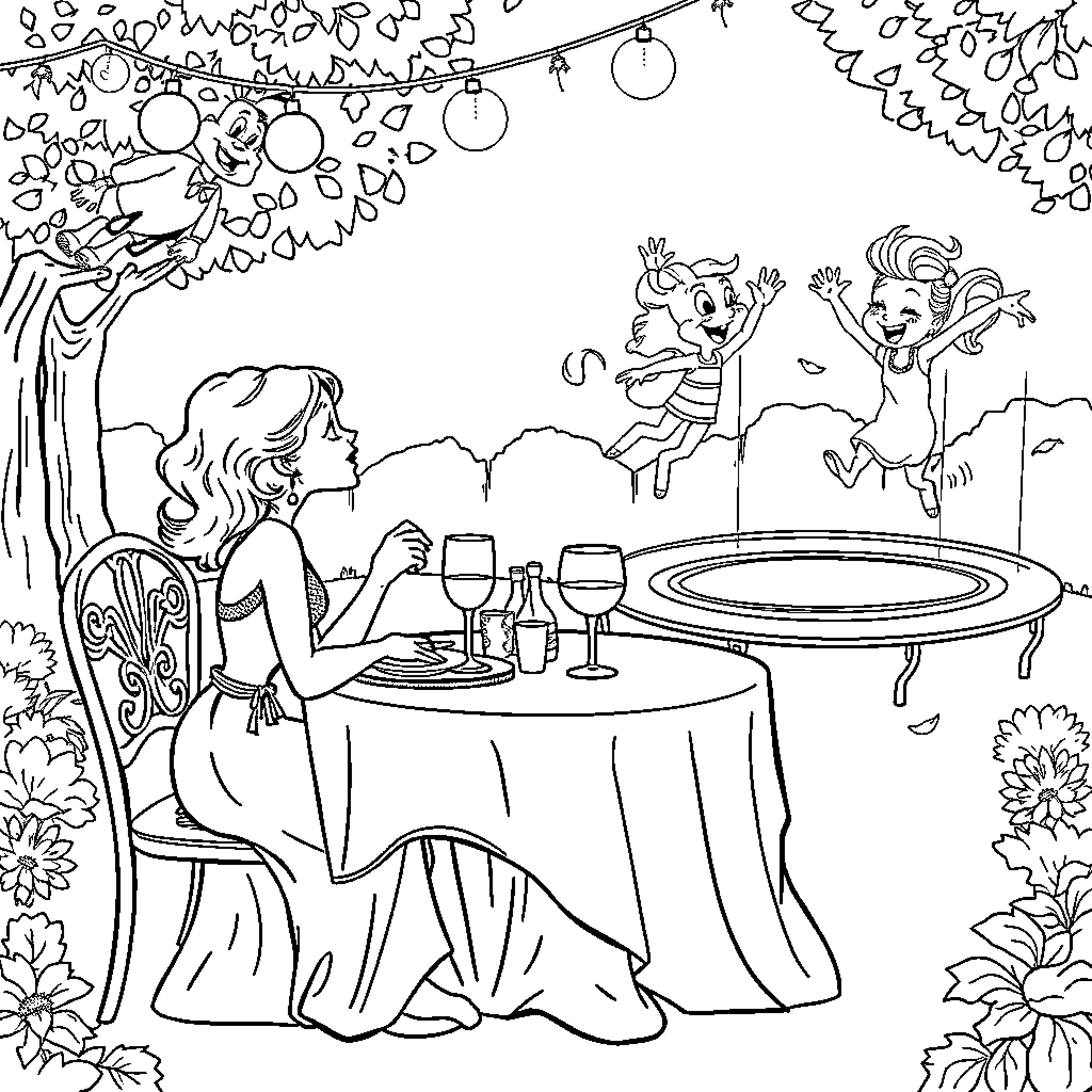 Lady enjoys outdoor dining with whimsical companions Coloring Page (free black-and-white line drawing printable PDF for all, from beginners to advanced learners, including children, teens, adults, and seniors)