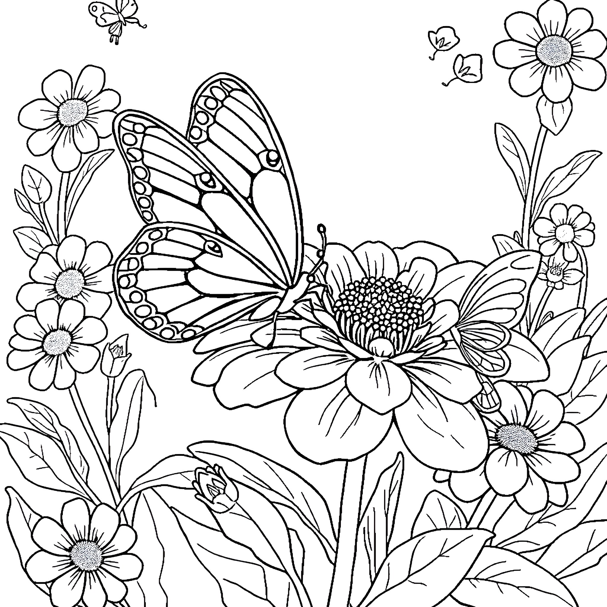 Butterfly surrounded by vibrant flowers Coloring Page (free black-and-white line drawing printable PDF for all, from beginners to advanced learners, including children, teens, adults, and seniors)