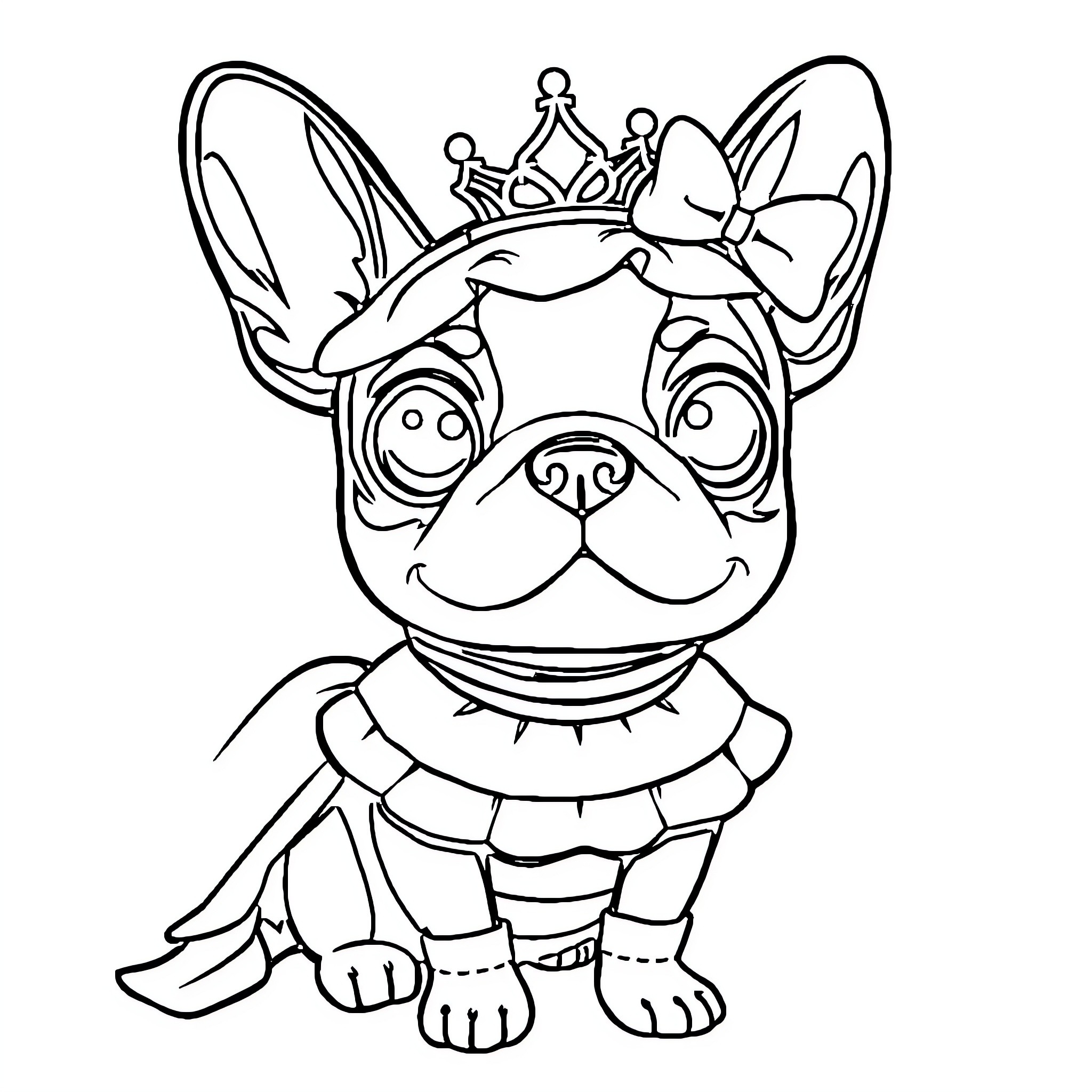 Dog wearing fancy crown and outfit Coloring Page (free black-and-white line drawing printable PDF for all, from beginners to advanced learners, including children, teens, adults, and seniors)