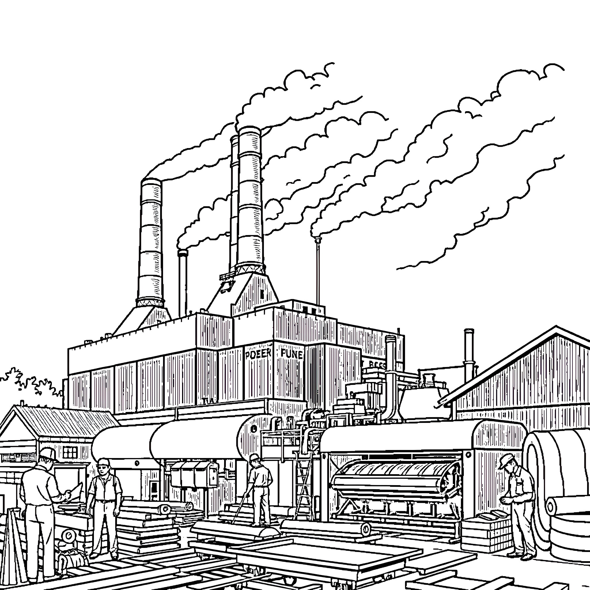 Chillcothe's Industrious Scene: Factory Humming with Activity Coloring Page (free black-and-white line drawing printable PDF for all, from beginners to advanced learners, including children, teens, adults, and seniors)