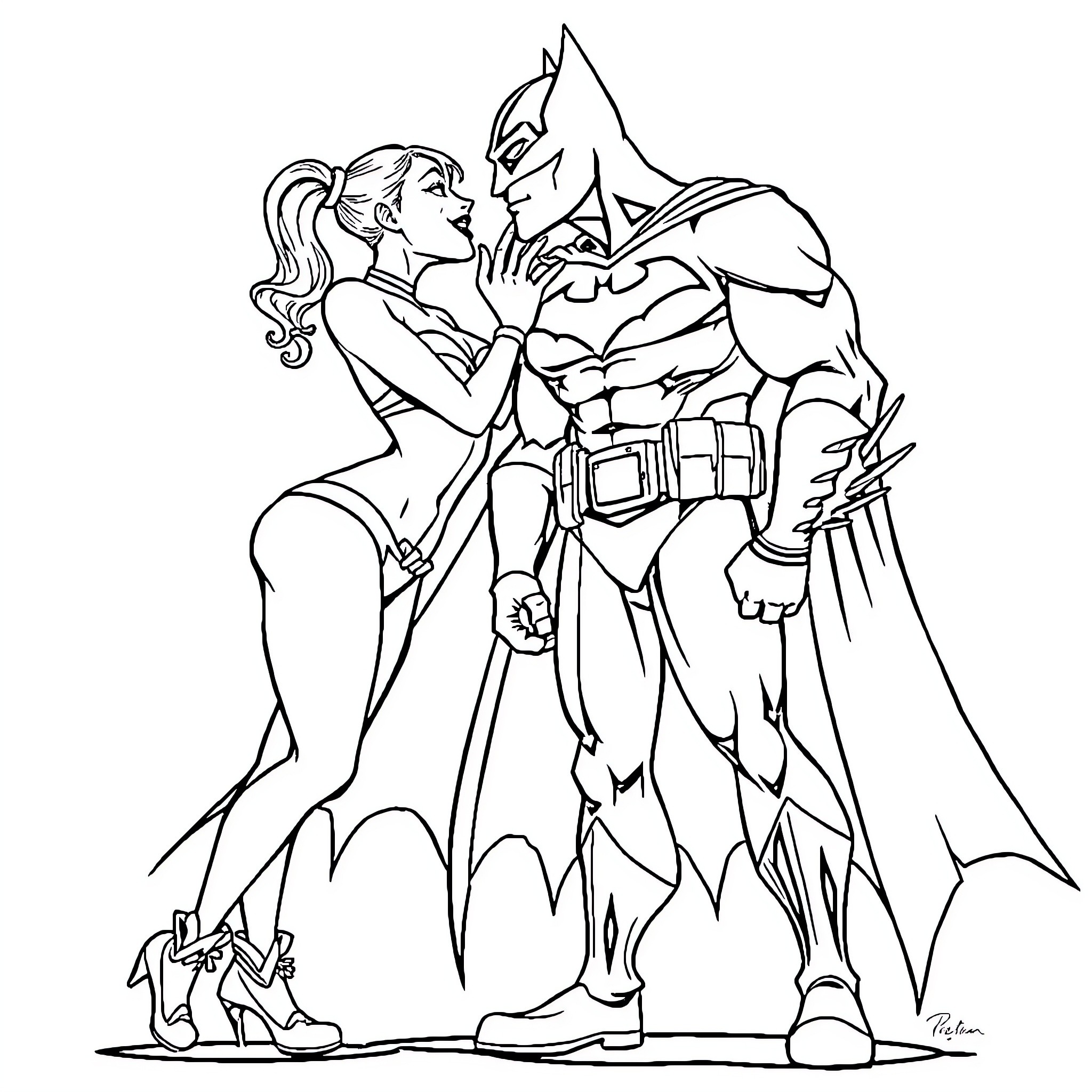 Harley Quinn and Batman in action poses Coloring Page (free black-and-white line drawing printable PDF for all, from beginners to advanced learners, including children, teens, adults, and seniors)