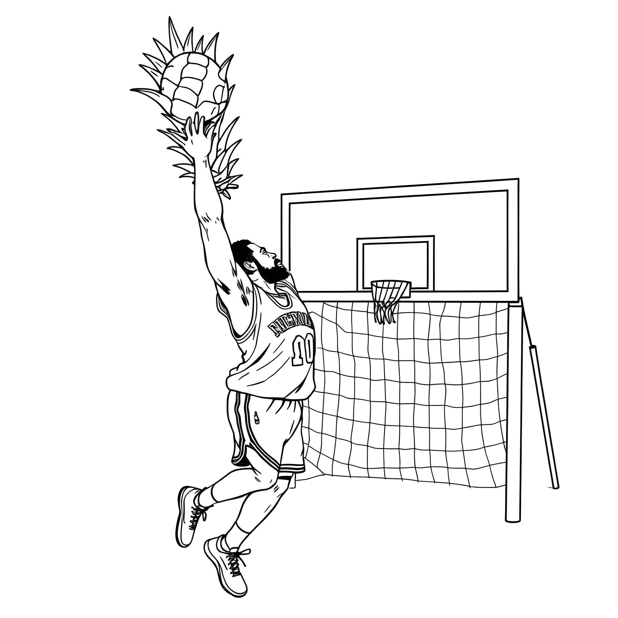 Magic Johnson dunking a basketball Coloring Page (free black-and-white line drawing printable PDF for all, from beginners to advanced learners, including children, teens, adults, and seniors)