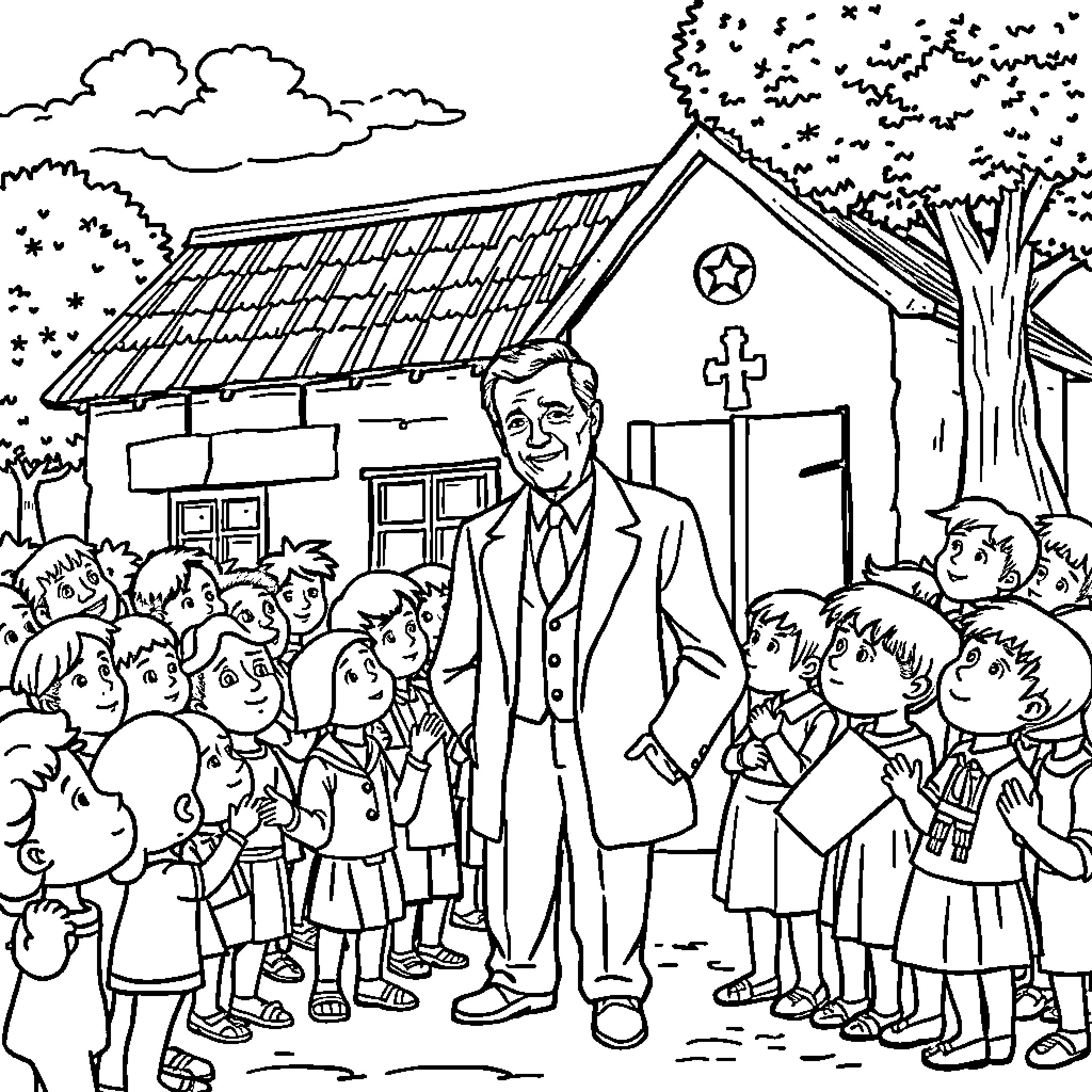 Marcelino Champagnat with children outside a church Coloring Page (free black-and-white line drawing printable PDF for all, from beginners to advanced learners, including children, teens, adults, and seniors)