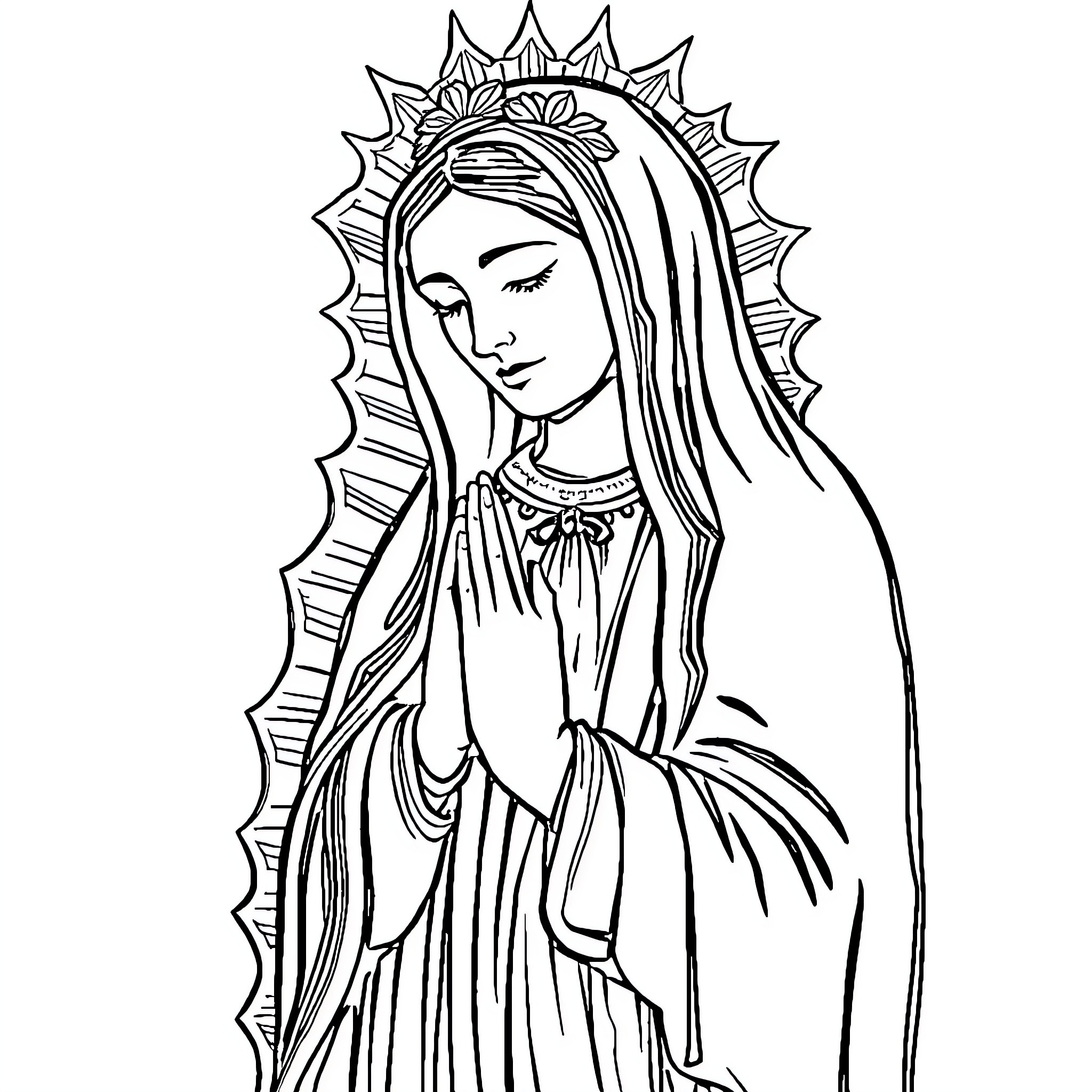 Virgen de Guadalupe in prayer and devotion Coloring Page (free black-and-white line drawing printable PDF for all, from beginners to advanced learners, including children, teens, adults, and seniors)