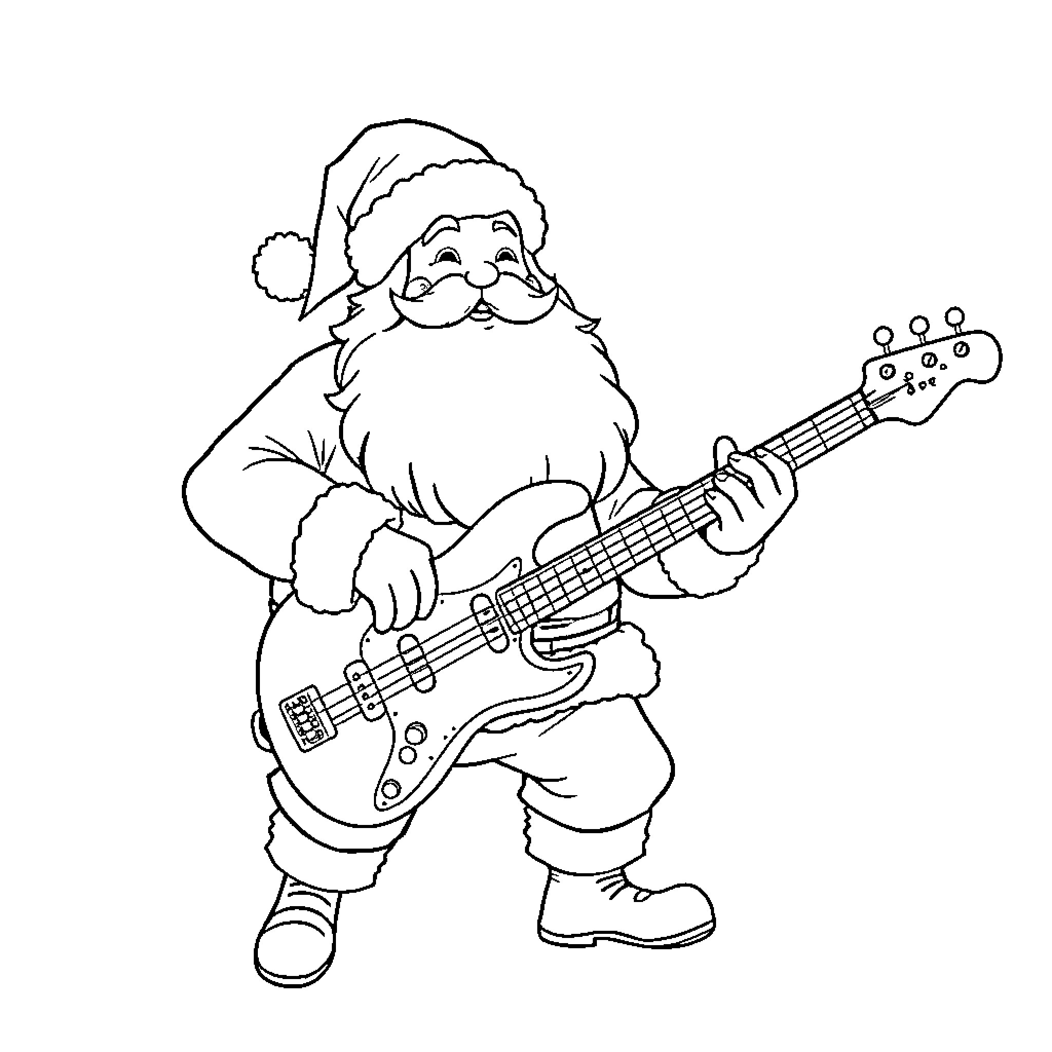 Santa playing electric guitar joyfully Coloring Page (free black-and-white line drawing printable PDF for all, from beginners to advanced learners, including children, teens, adults, and seniors)