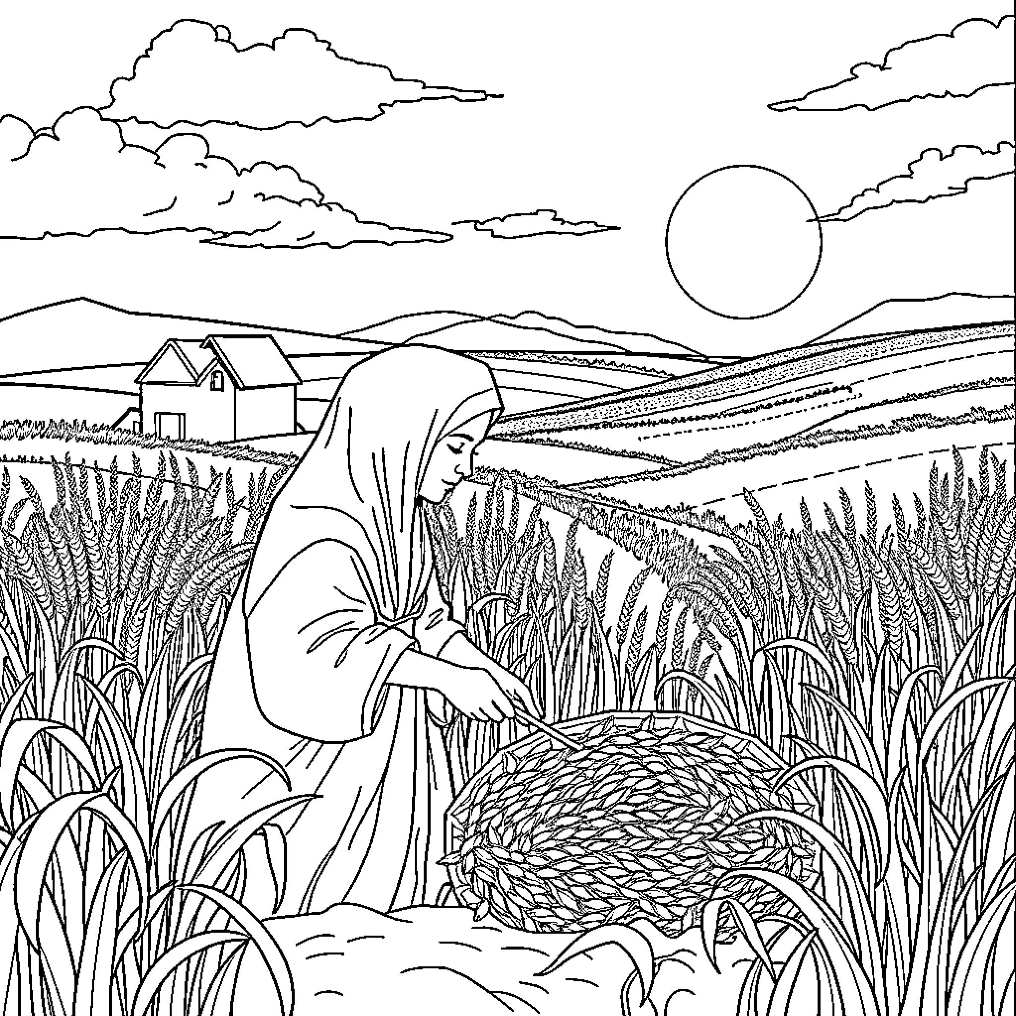 Ruth harvesting grains in the rural landscape Coloring Page (free black-and-white line drawing printable PDF for all, from beginners to advanced learners, including children, teens, adults, and seniors)