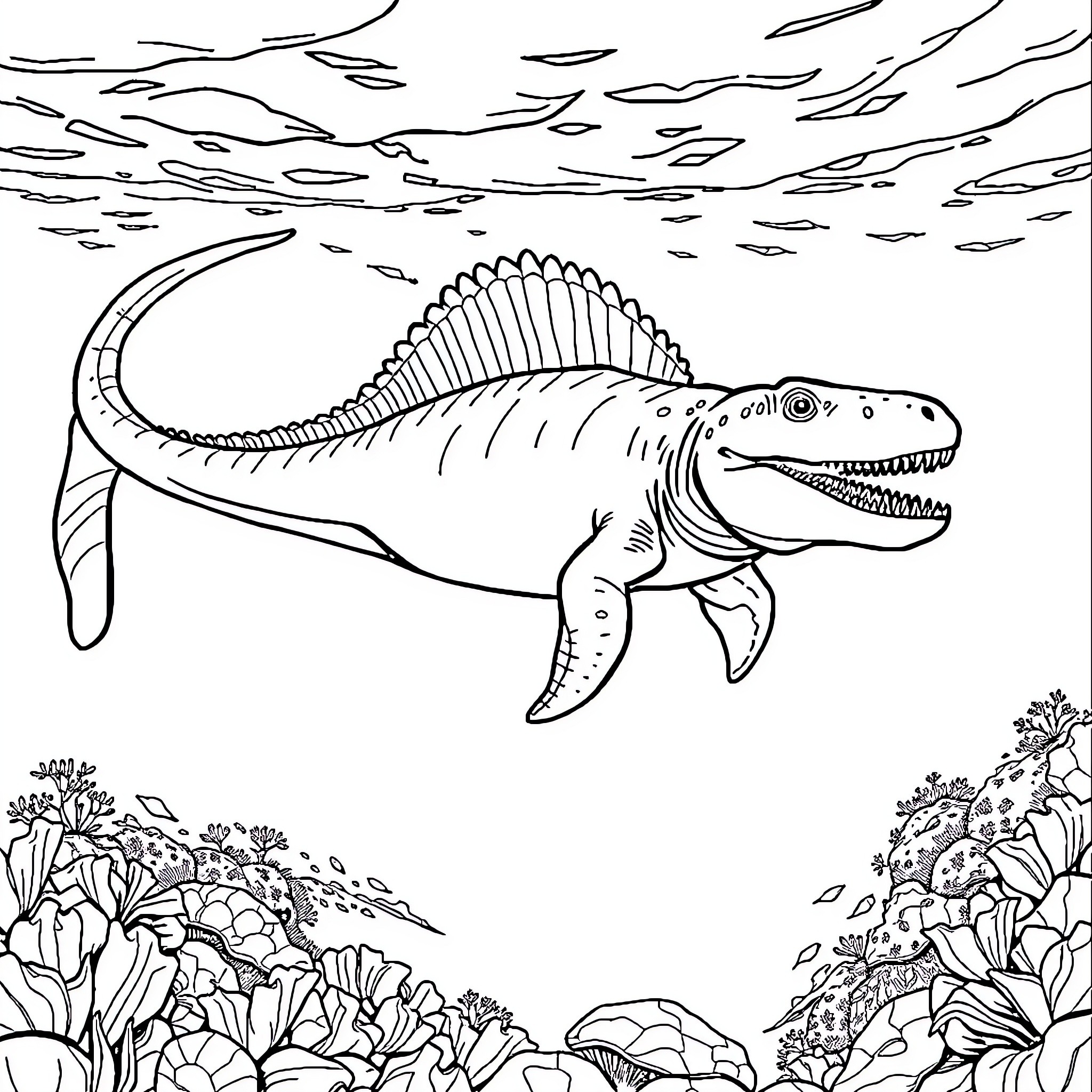 Mosasaurus swimming through the underwater seascape Coloring Page (free black-and-white line drawing printable PDF for all, from beginners to advanced learners, including children, teens, adults, and seniors)