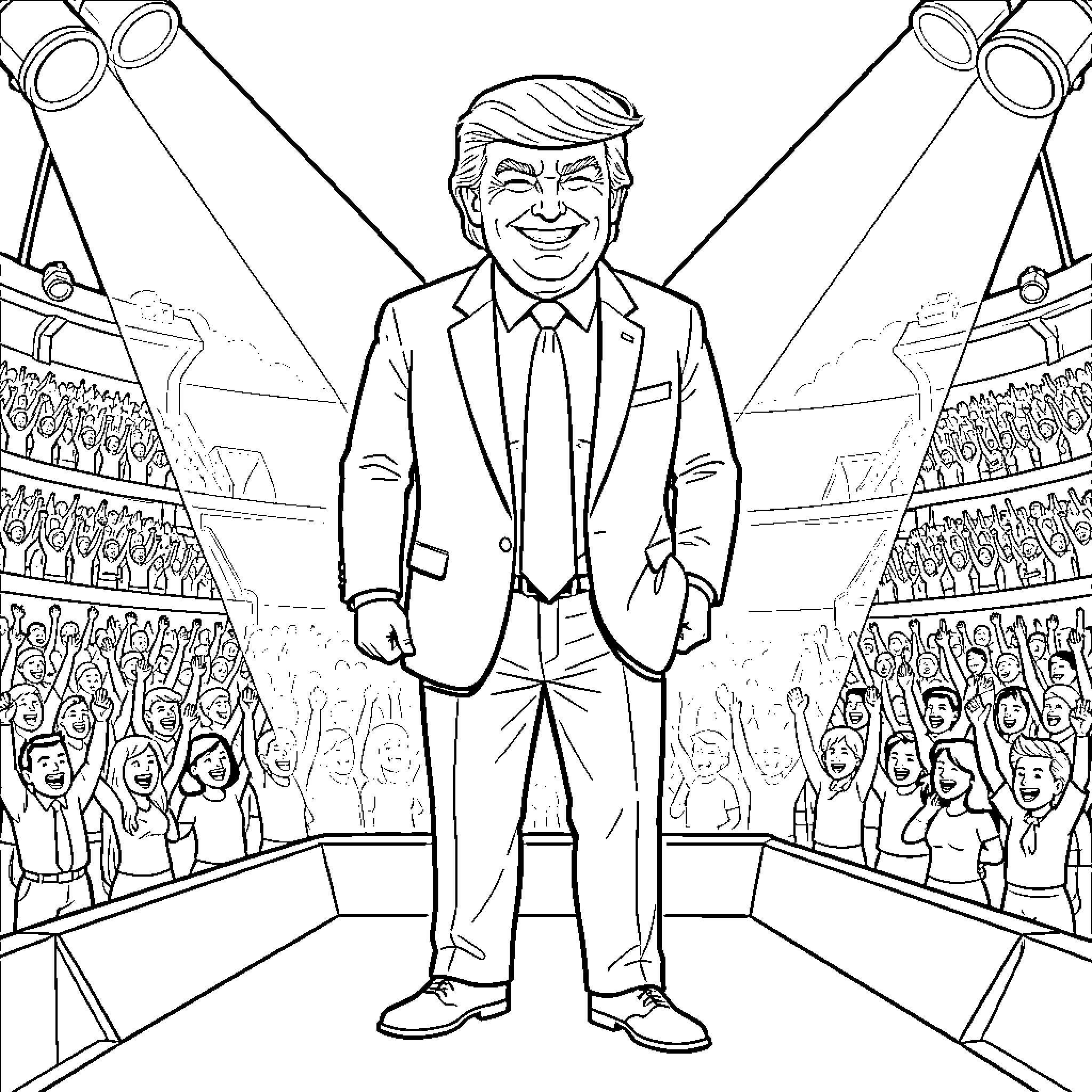 Trump's Triumphant Appearance on the Limelight Stage Coloring Page (free black-and-white line drawing printable PDF for all, from beginners to advanced learners, including children, teens, adults, and seniors)
