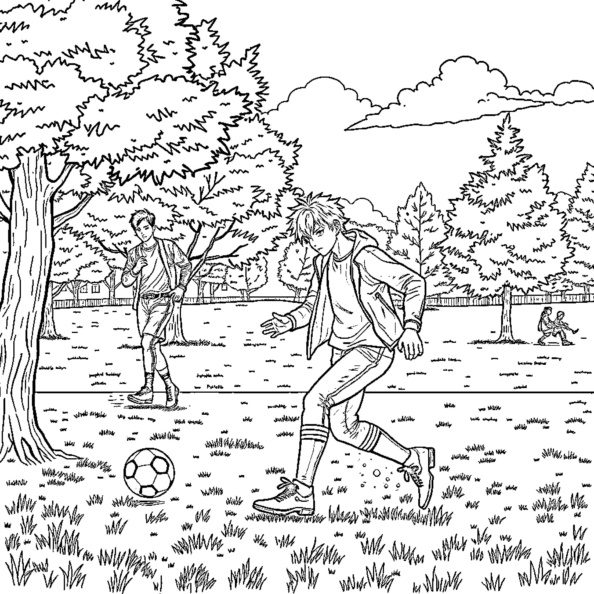 Rumi playing soccer with friends in the park Coloring Page (free black-and-white line drawing printable PDF for all, from beginners to advanced learners, including children, teens, adults, and seniors)