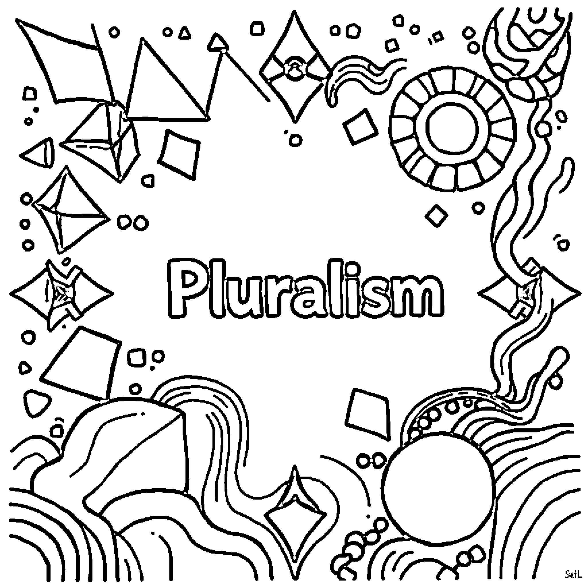 Pluralism: Diverse Geometric Shapes and Patterns Coloring Page (free black-and-white line drawing printable PDF for all, from beginners to advanced learners, including children, teens, adults, and seniors)