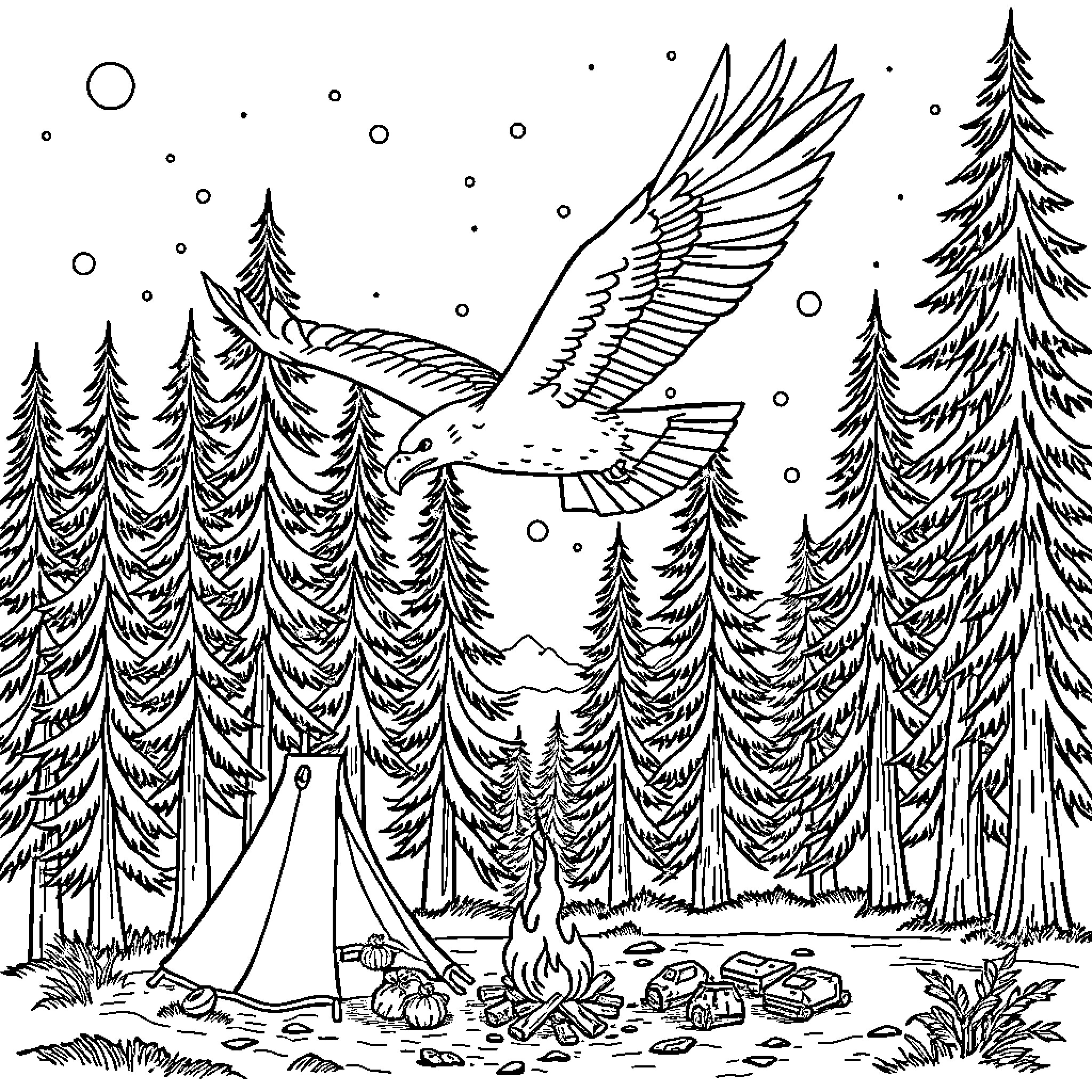 Eagle soaring over snowy wilderness Coloring Page (free black-and-white line drawing printable PDF for all, from beginners to advanced learners, including children, teens, adults, and seniors)