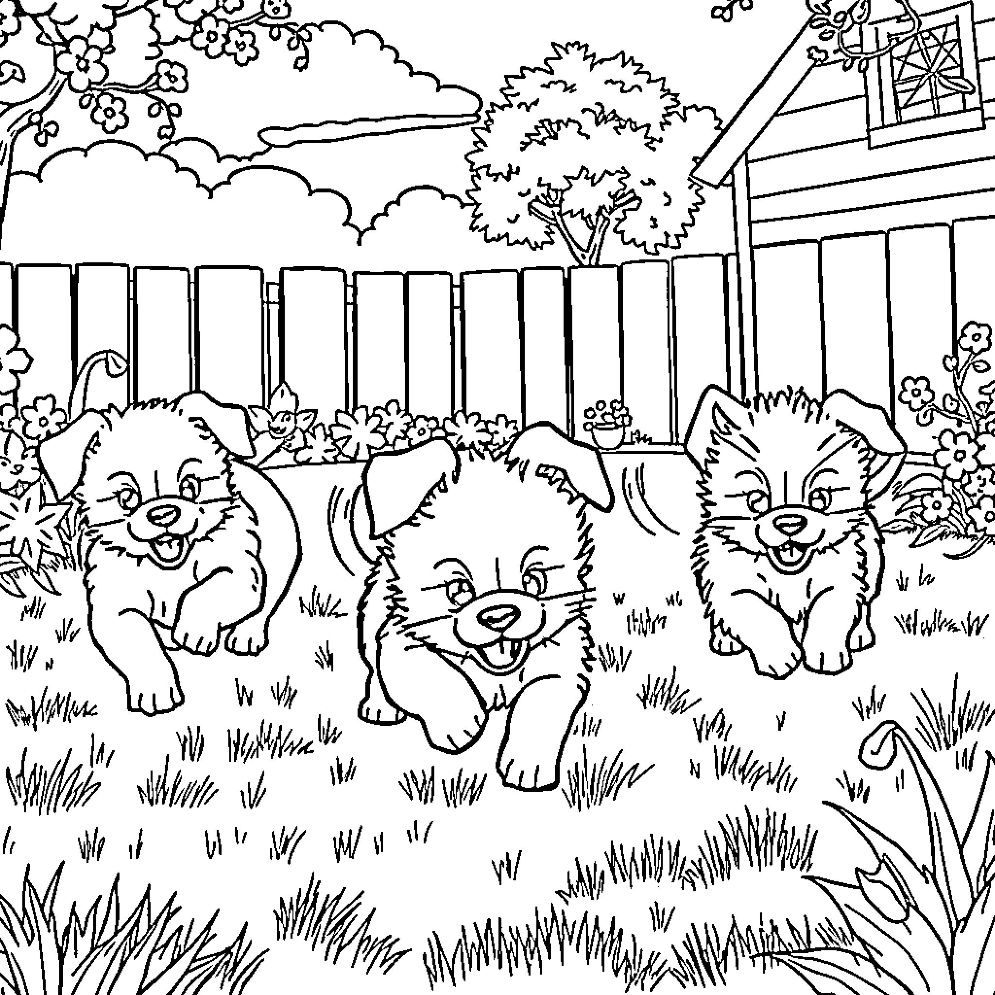 Puppy Pals Frolicking in the Garden Coloring Page (free black-and-white line drawing printable PDF for all, from beginners to advanced learners, including children, teens, adults, and seniors)