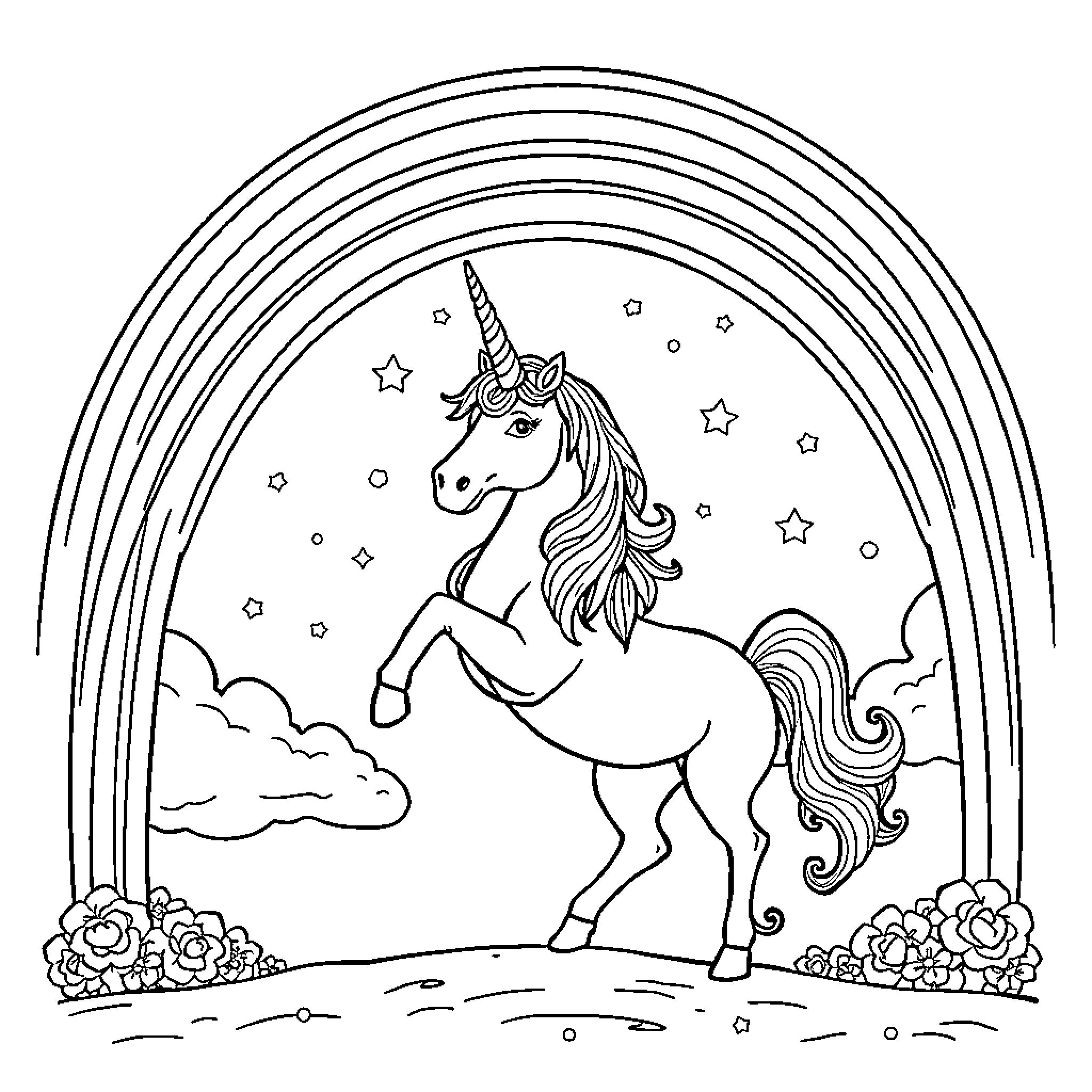 Unicorn prancing under a starry rainbow Coloring Page (free black-and-white line drawing printable PDF for all, from beginners to advanced learners, including children, teens, adults, and seniors)