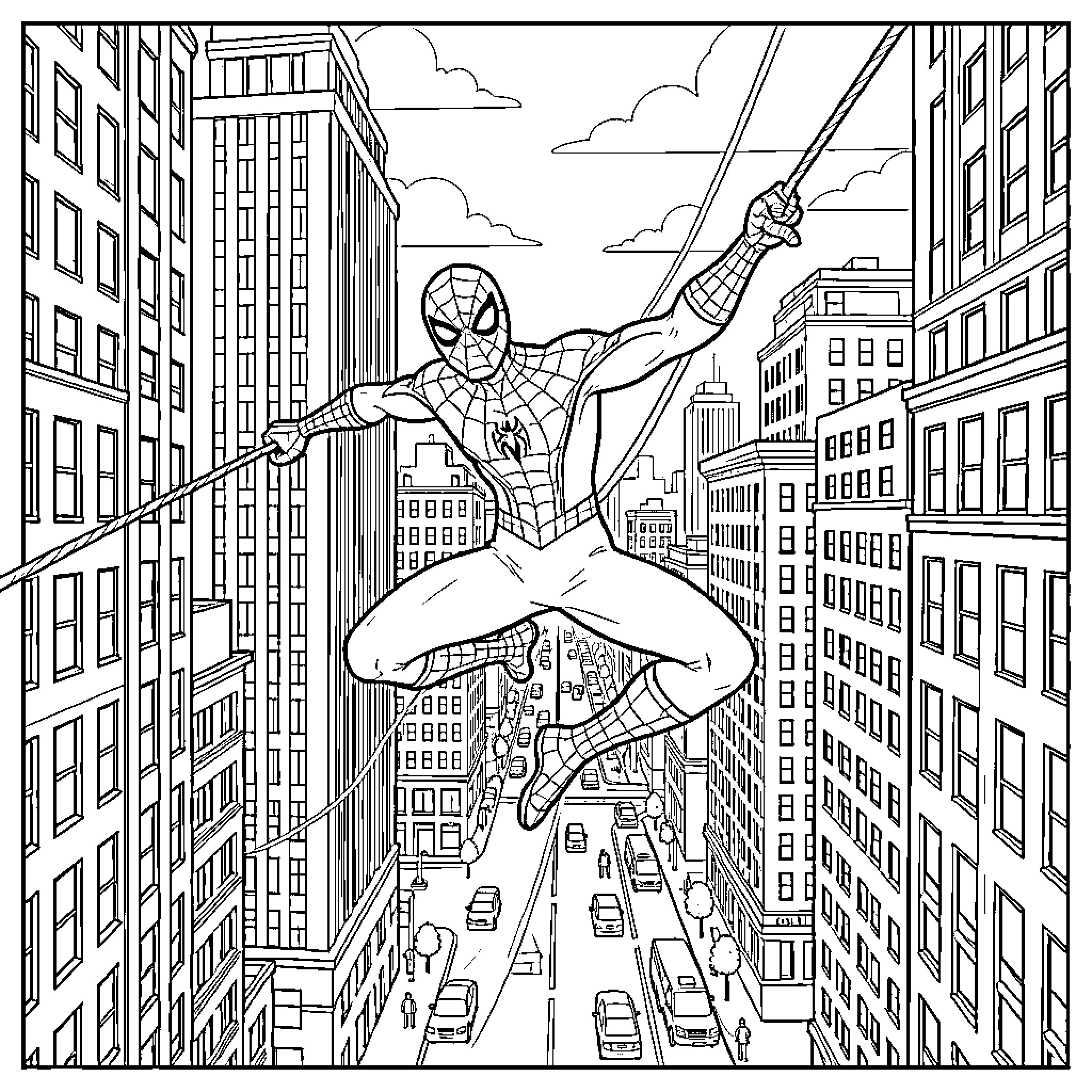 Spiderman swinging through a city of tall buildings Coloring Page (free black-and-white line drawing printable PDF for all, from beginners to advanced learners, including children, teens, adults, and seniors)