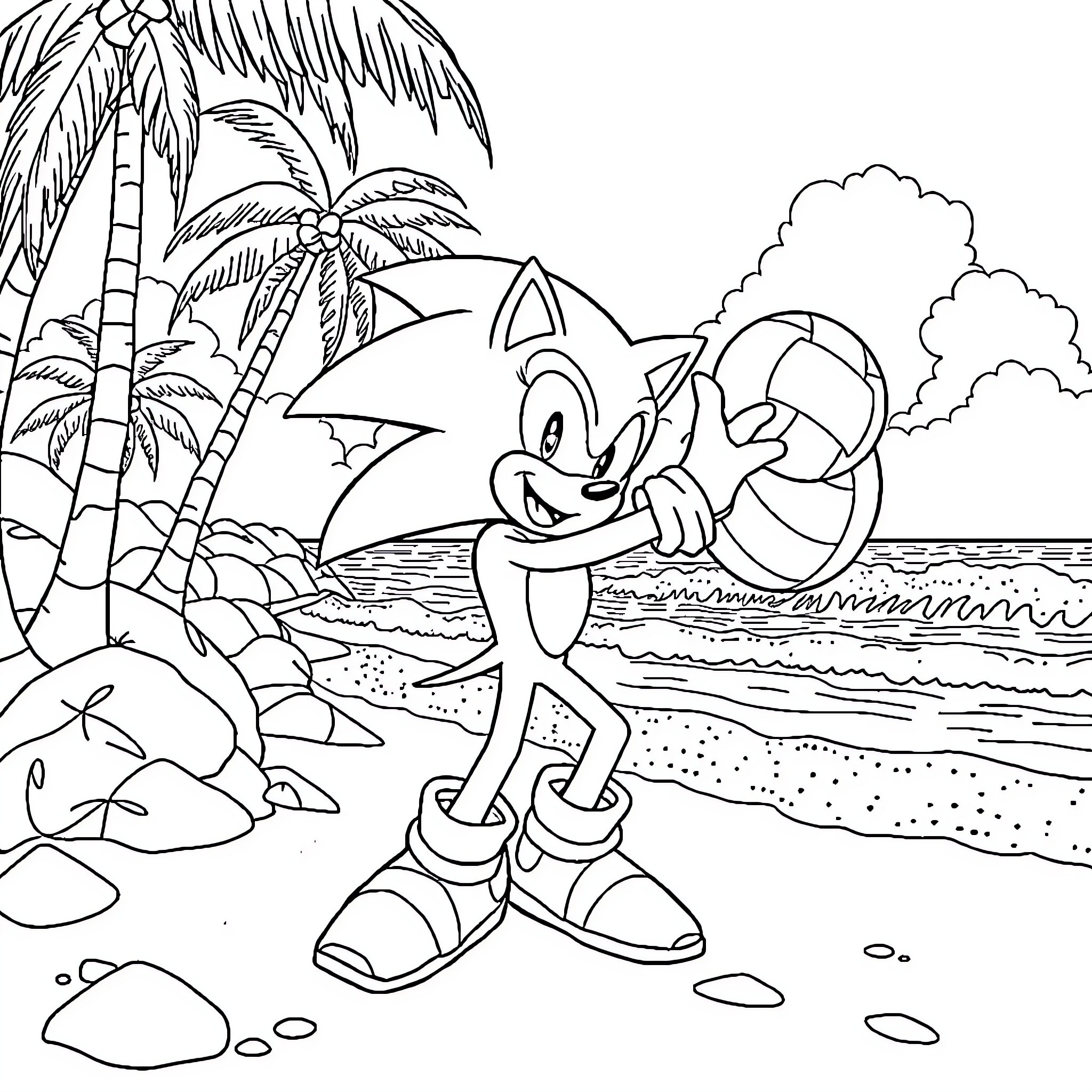 Sonic enjoying a day at the beach Coloring Page (free black-and-white line drawing printable PDF for all, from beginners to advanced learners, including children, teens, adults, and seniors)