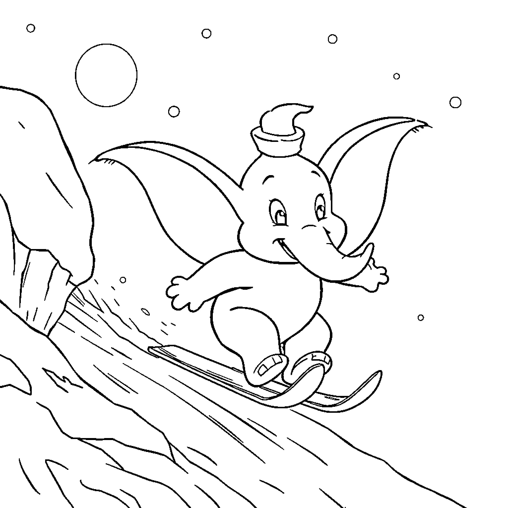 Dumbo sledding down a snowy slope Coloring Page (free black-and-white line drawing printable PDF for all, from beginners to advanced learners, including children, teens, adults, and seniors)
