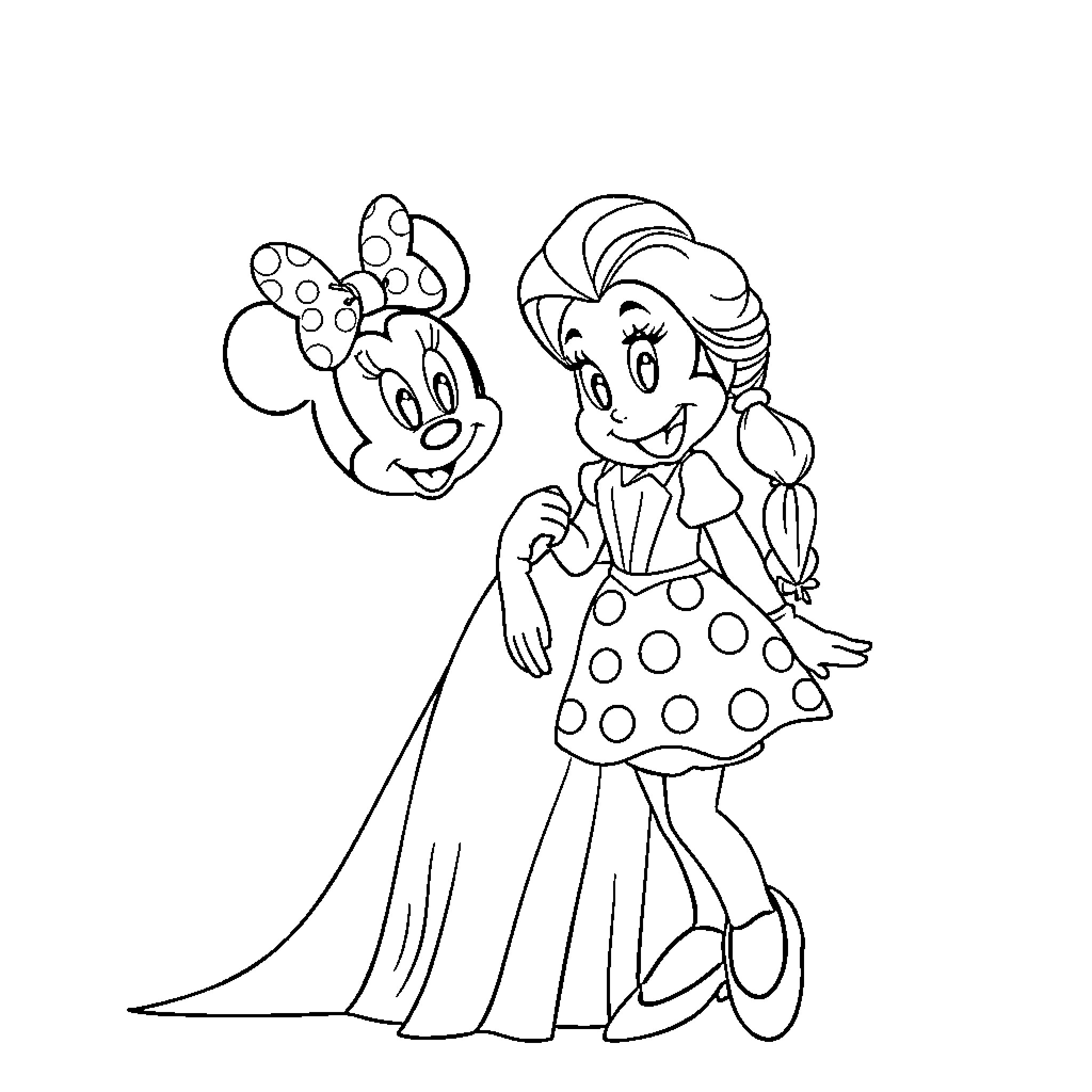 Elsa and Minnie enjoying a playful moment Coloring Page (free black-and-white line drawing printable PDF for all, from beginners to advanced learners, including children, teens, adults, and seniors)