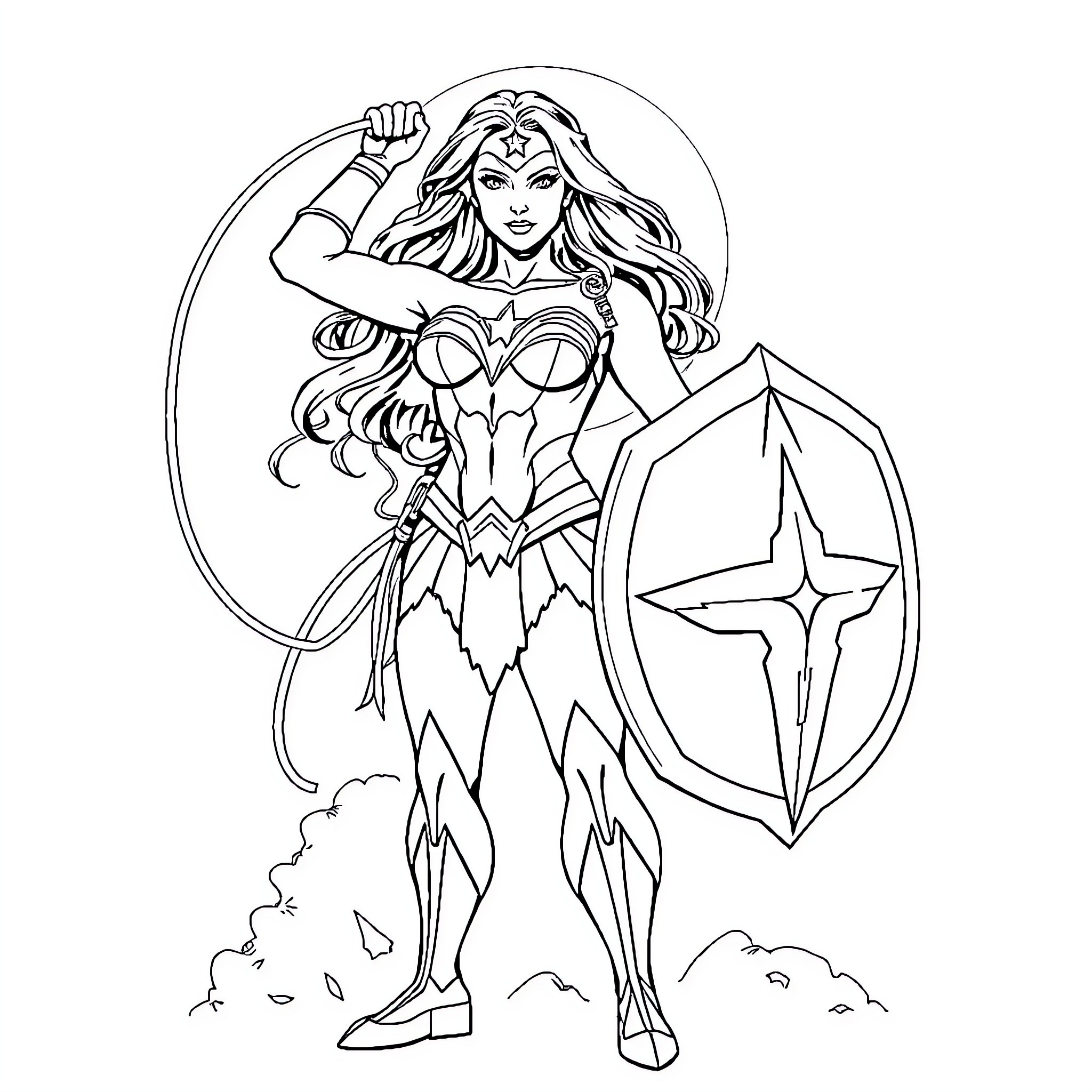 Wonder Woman heroically wielding shield and sword Coloring Page (free black-and-white line drawing printable PDF for all, from beginners to advanced learners, including children, teens, adults, and seniors)