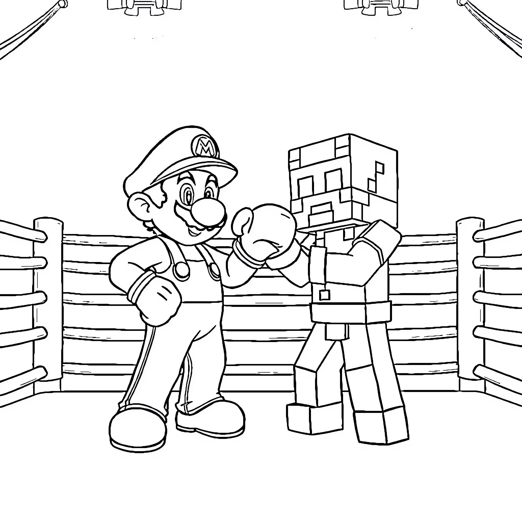 Mario and Steve Wrestle in the Junkyard Coloring Page (free black-and-white line drawing printable PDF for all, from beginners to advanced learners, including children, teens, adults, and seniors)