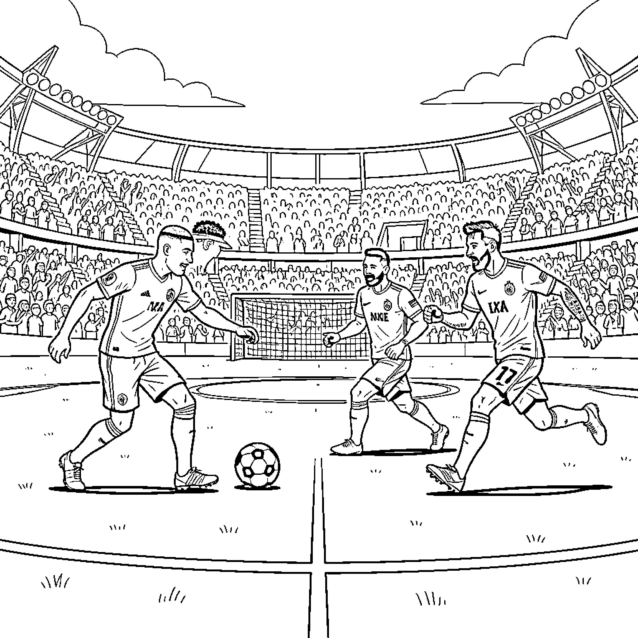 Football Player dribbling the ball towards the goal Coloring Page (free black-and-white line drawing printable PDF for all, from beginners to advanced learners, including children, teens, adults, and seniors)