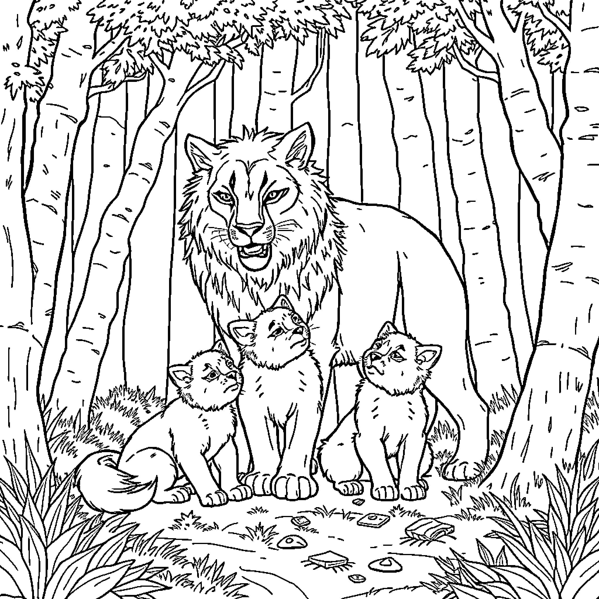 Wolf and wolf pups in the forest Coloring Page (free black-and-white line drawing printable PDF for all, from beginners to advanced learners, including children, teens, adults, and seniors)