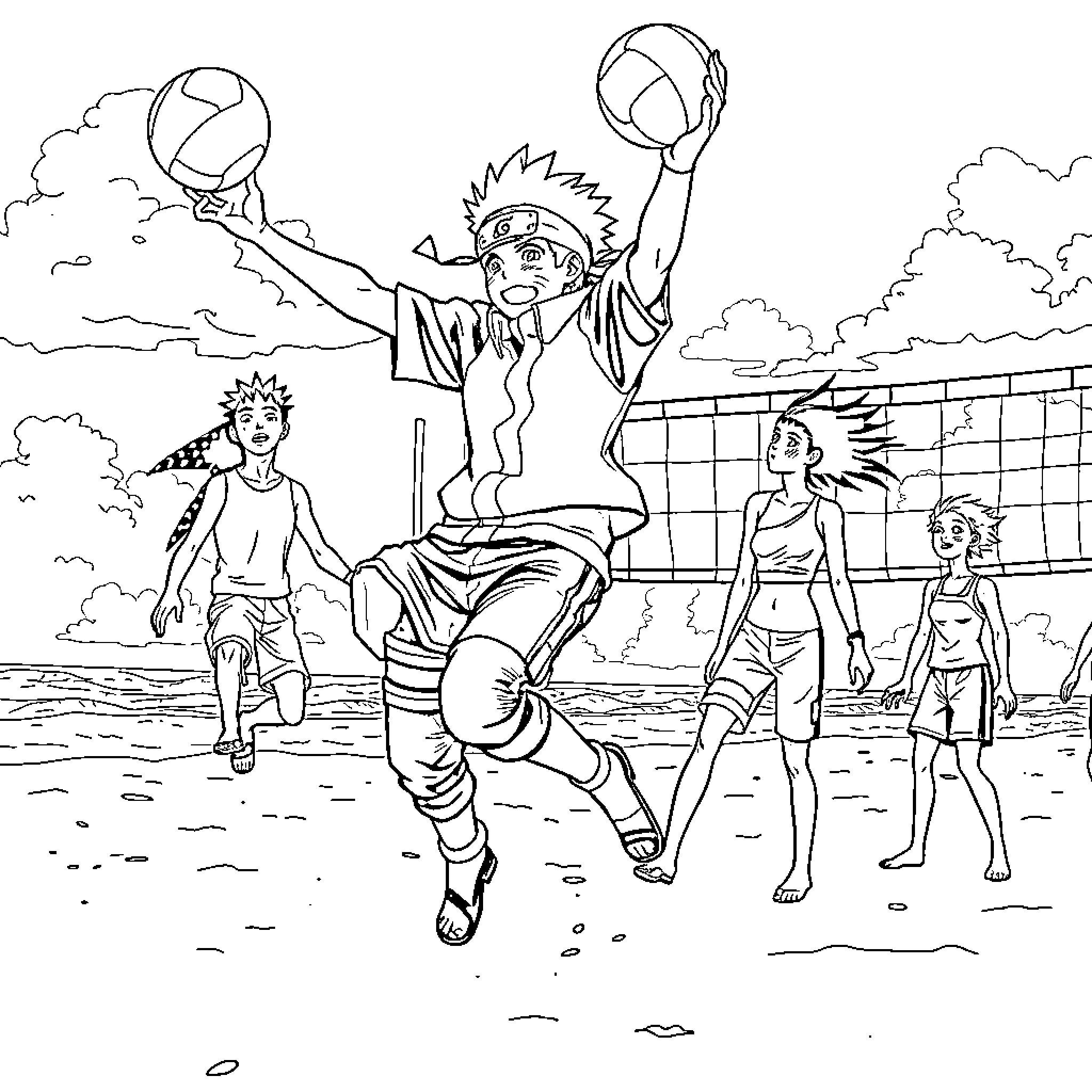 Naruto characters playing volleyball at the beach Coloring Page (free black-and-white line drawing printable PDF for all, from beginners to advanced learners, including children, teens, adults, and seniors)