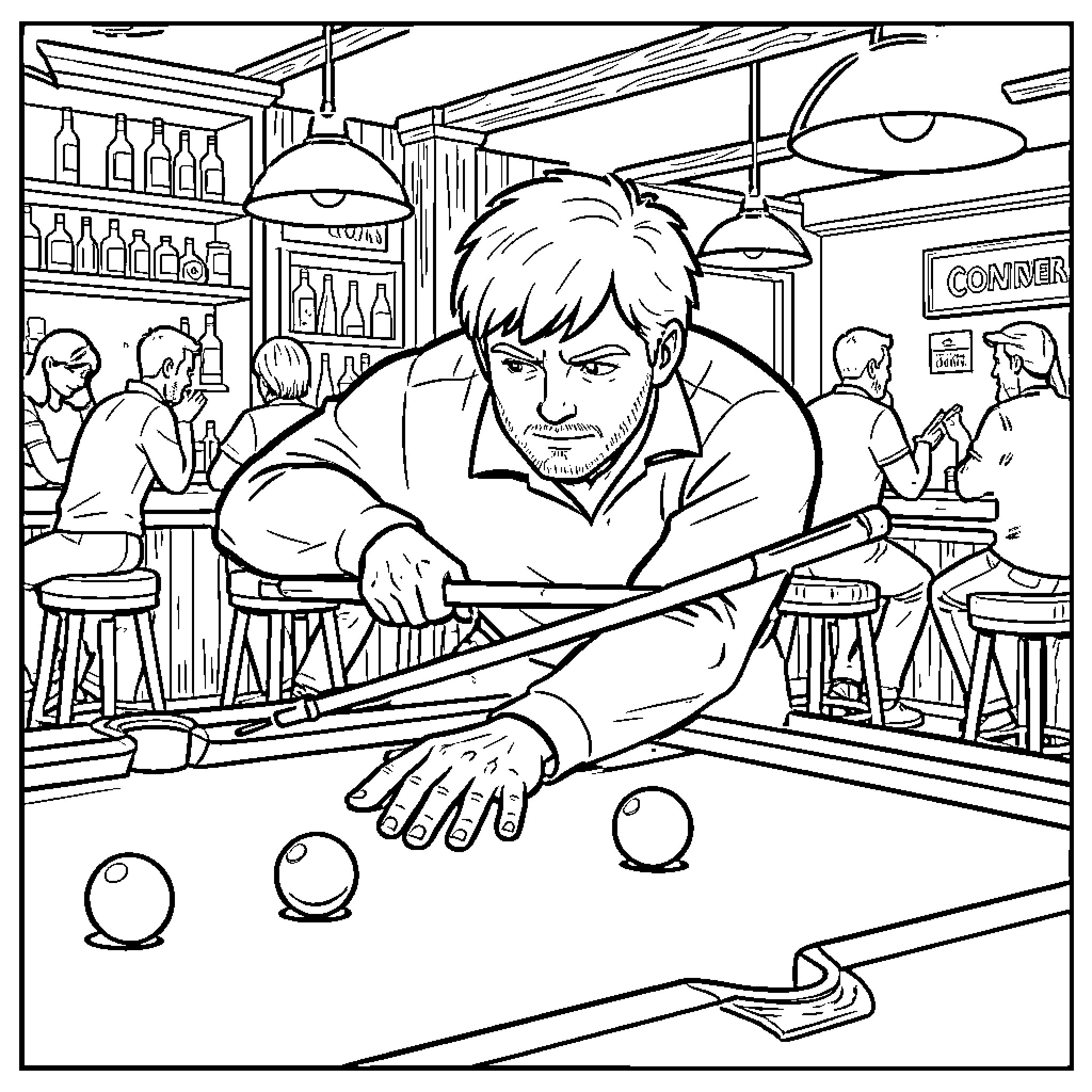 Ginger Man Concentrating on Billiards in a Bar Coloring Page (free black-and-white line drawing printable PDF for all, from beginners to advanced learners, including children, teens, adults, and seniors)