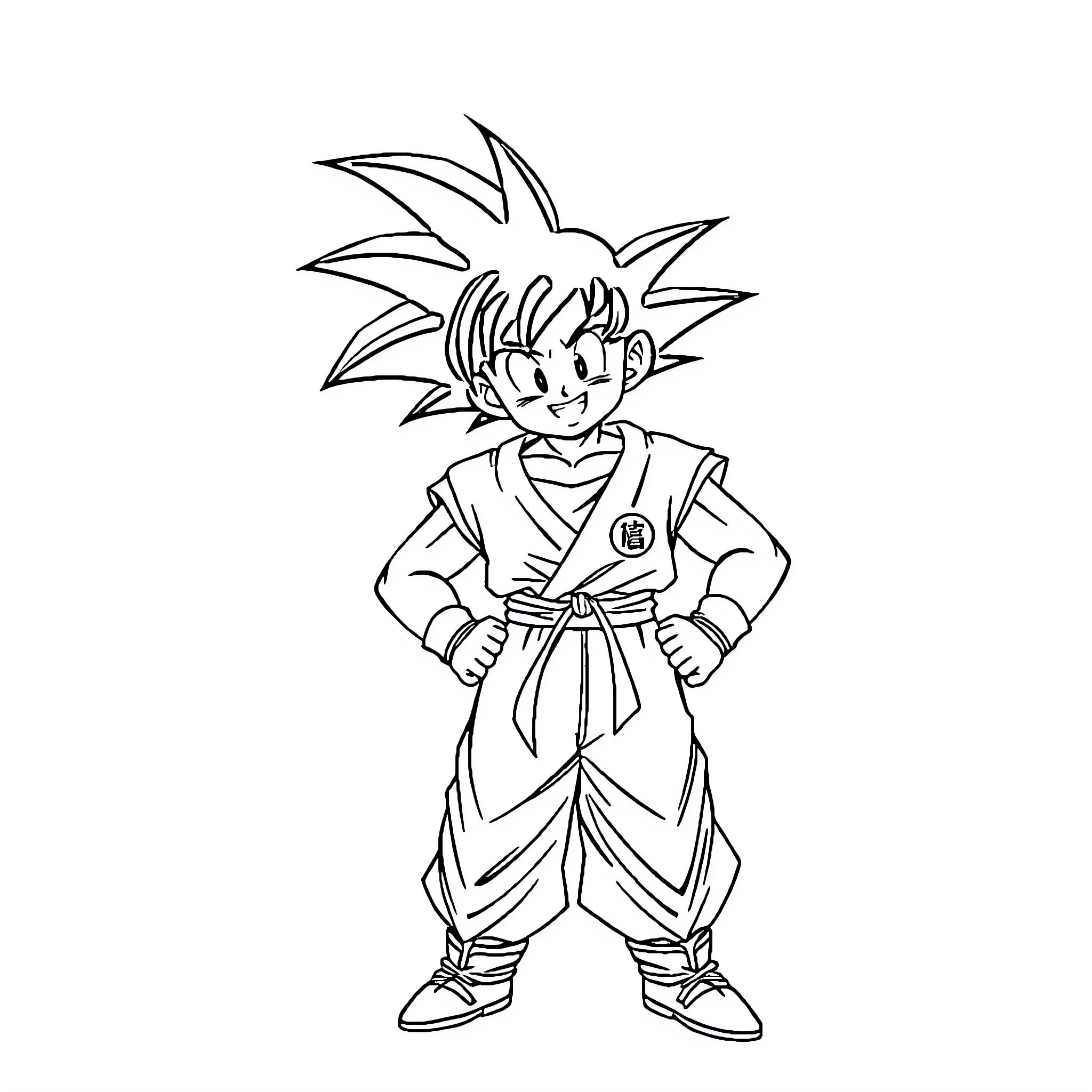 Son Goku in fighting stance with determined expression Coloring Page (free black-and-white line drawing printable PDF for all, from beginners to advanced learners, including children, teens, adults, and seniors)