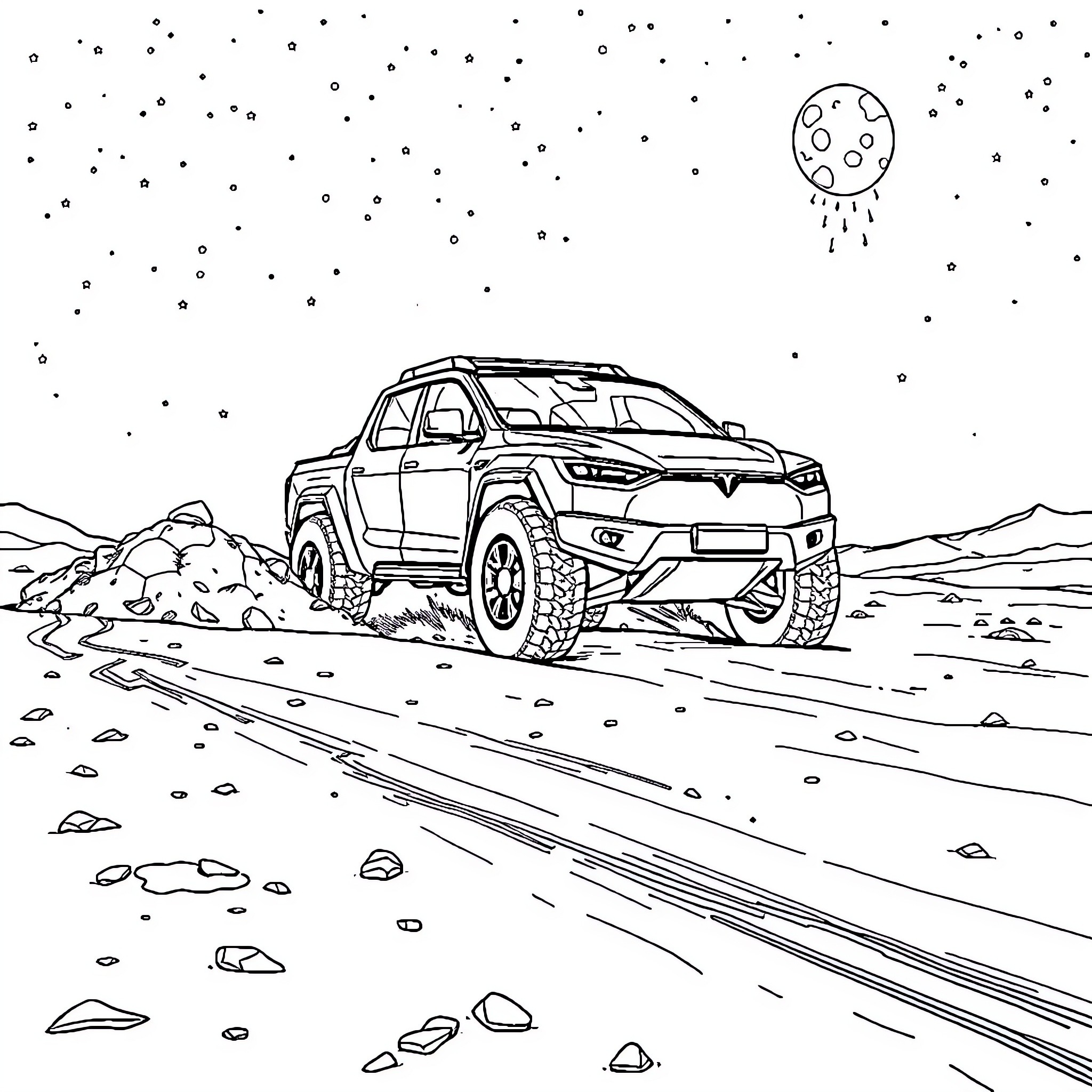 Tesla off-road vehicle on a rugged terrain Coloring Page (free black-and-white line drawing printable PDF for all, from beginners to advanced learners, including children, teens, adults, and seniors)