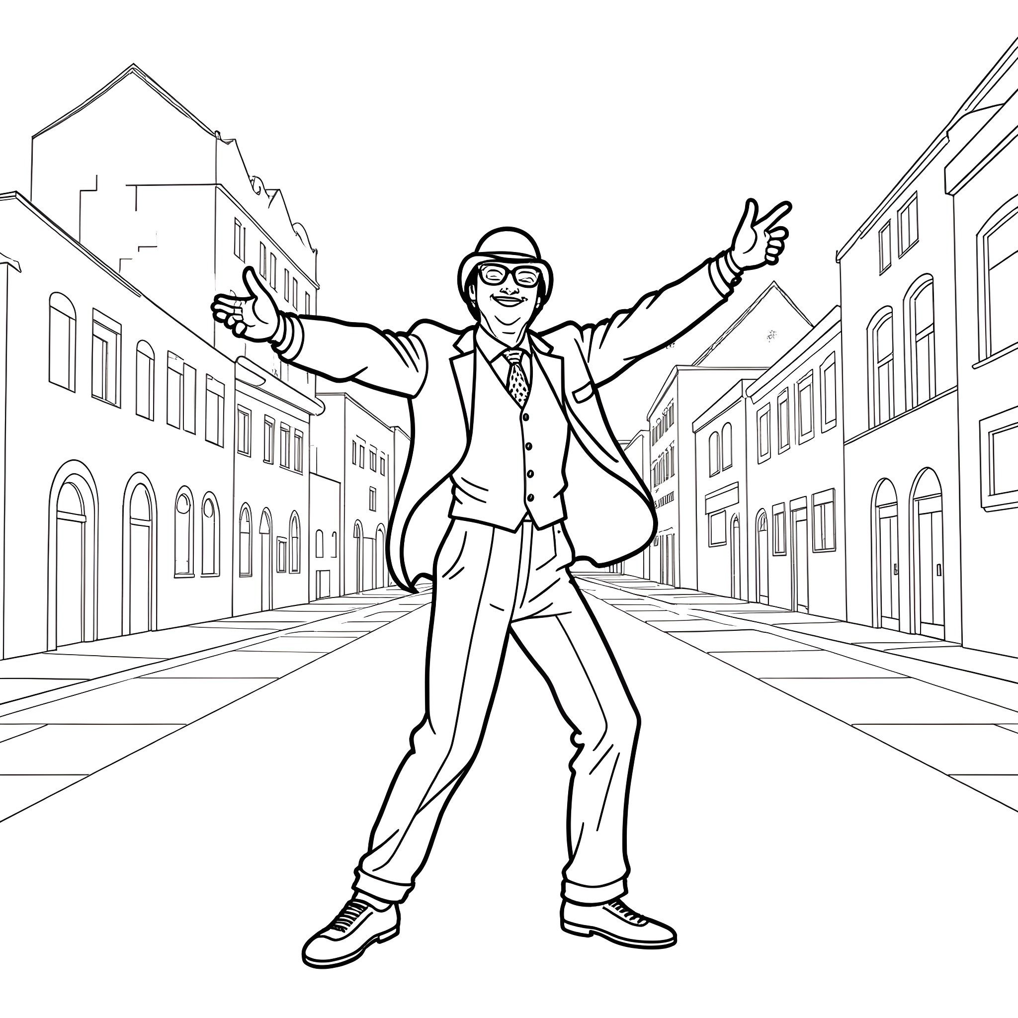 Austin Powers in Stylish Spy Pose on City Street Coloring Page (free black-and-white line drawing printable PDF for all, from beginners to advanced learners, including children, teens, adults, and seniors)