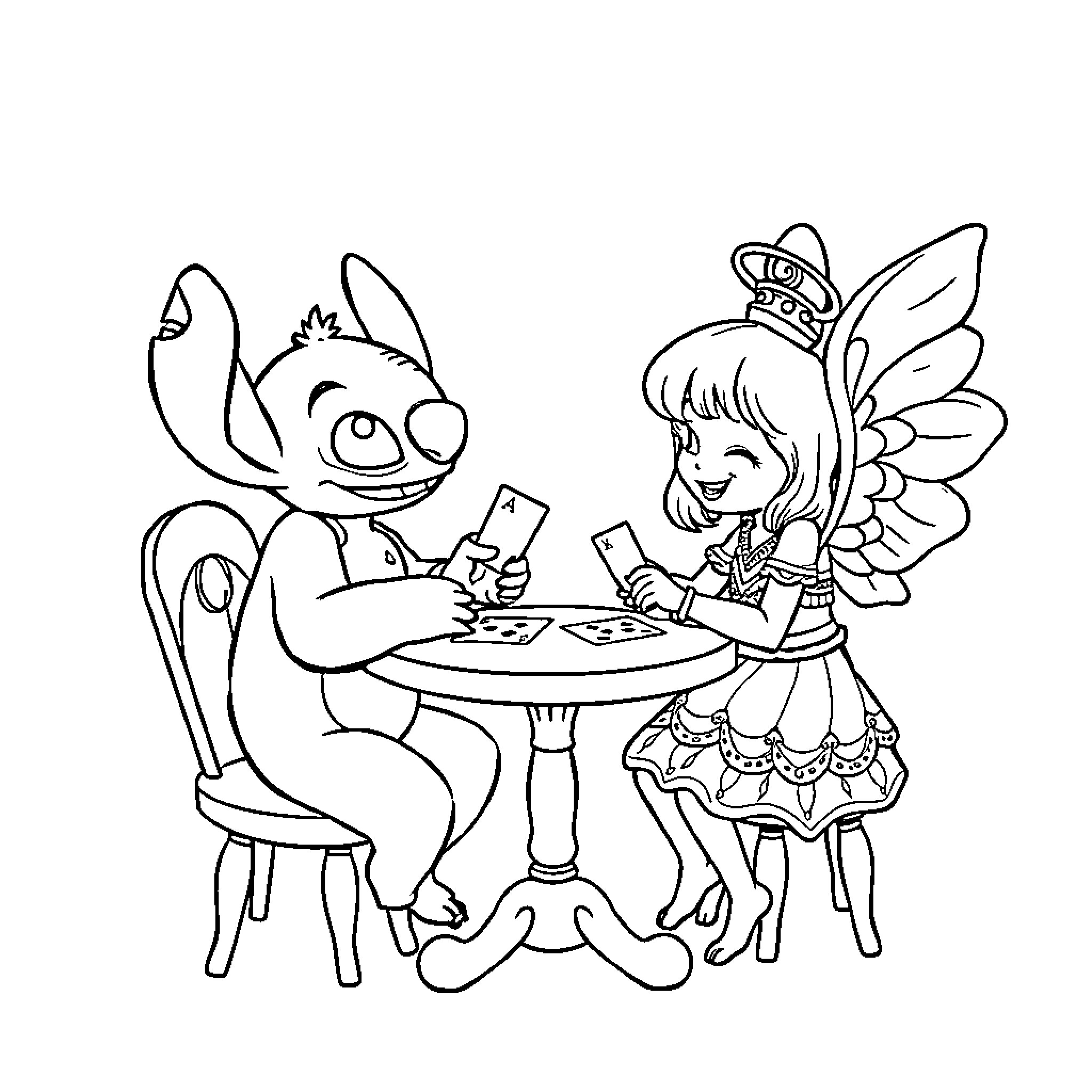 Stitch and fairy enjoying tea party Coloring Page (free black-and-white line drawing printable PDF for all, from beginners to advanced learners, including children, teens, adults, and seniors)