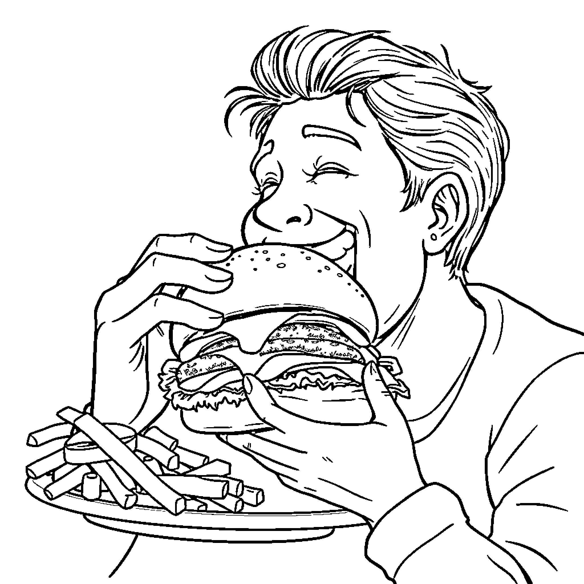 Burger Enthusiast Savoring a Delicious Meal Coloring Page (free black-and-white line drawing printable PDF for all, from beginners to advanced learners, including children, teens, adults, and seniors)