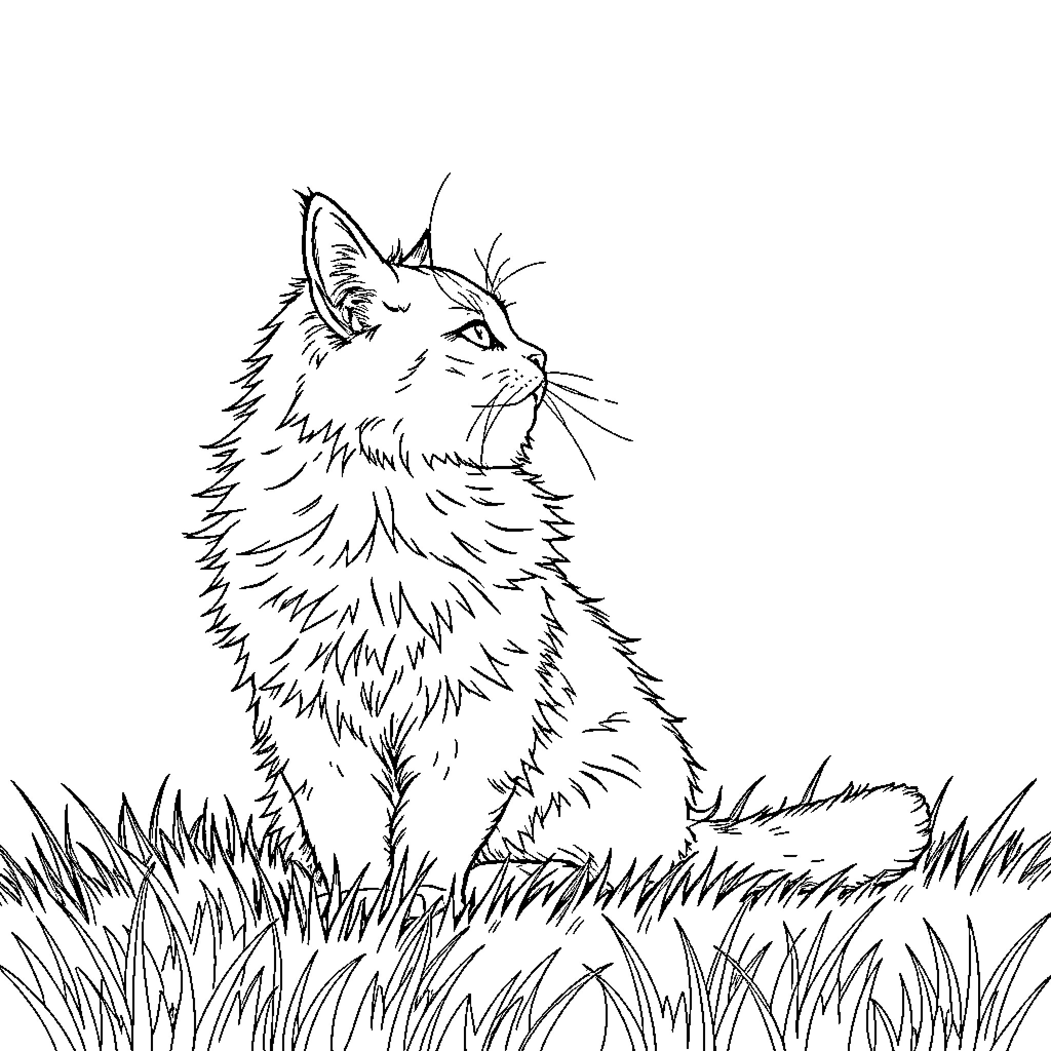 Cat sitting in the grassy field Coloring Page (free black-and-white line drawing printable PDF for all, from beginners to advanced learners, including children, teens, adults, and seniors)
