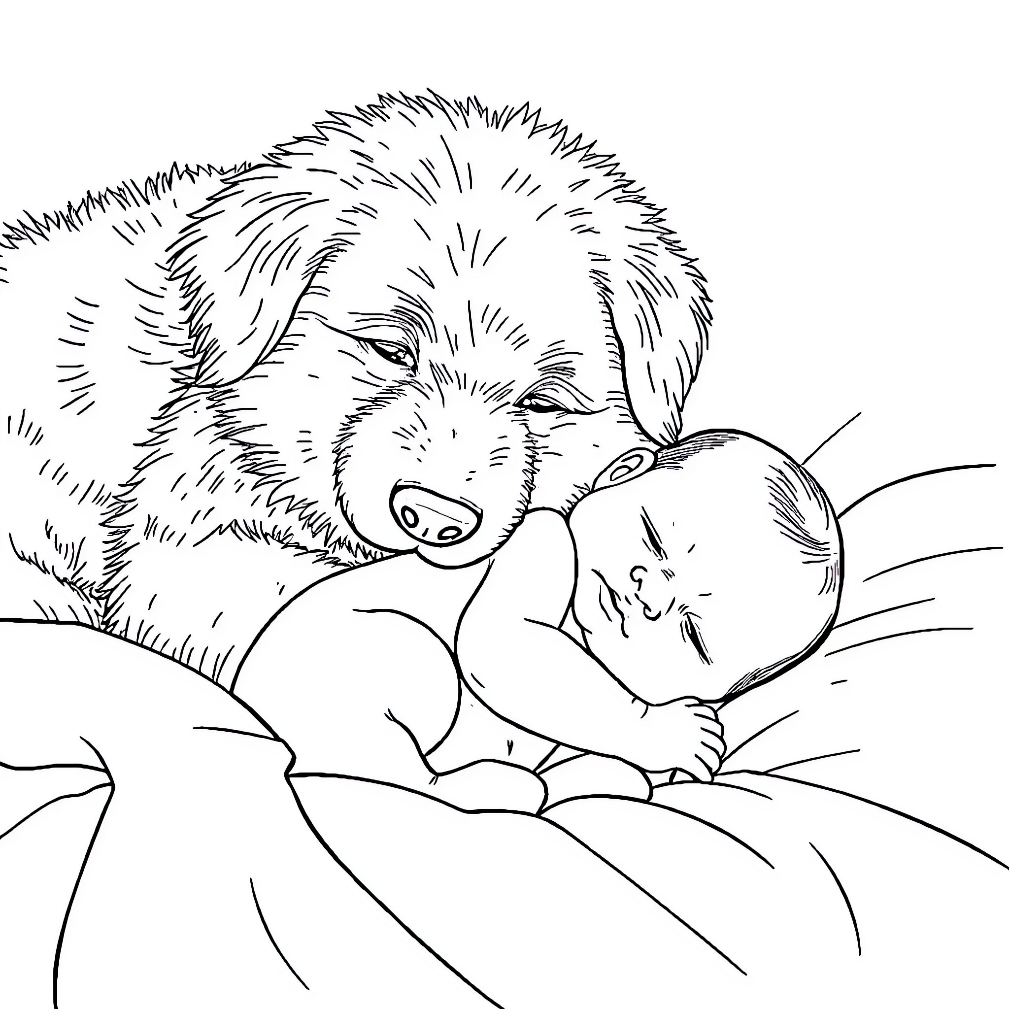 Dog cuddling sleeping puppy affectionately Coloring Page (free black-and-white line drawing printable PDF for all, from beginners to advanced learners, including children, teens, adults, and seniors)